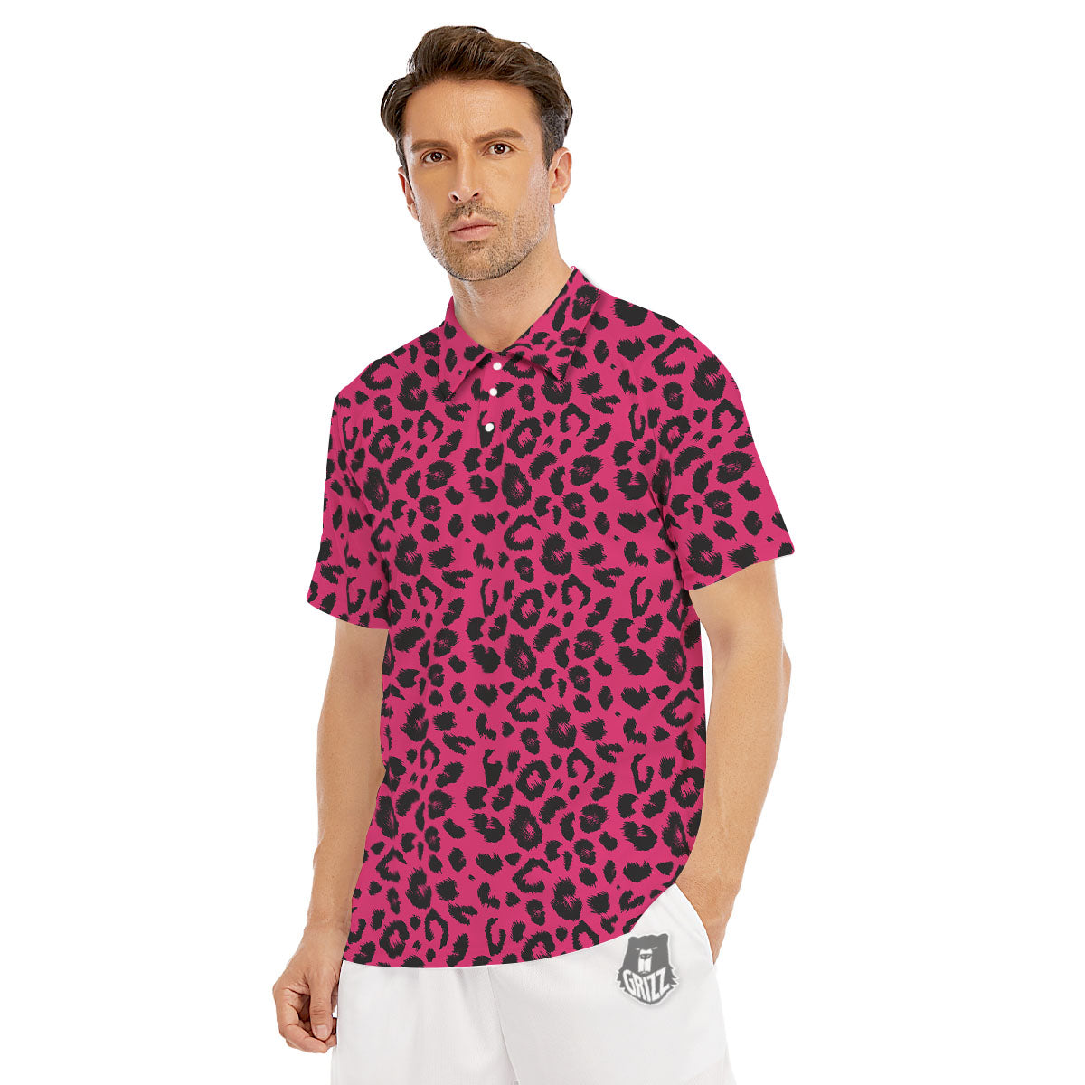 Leopard Hot Pink Print Men's Golf Shirts-grizzshop