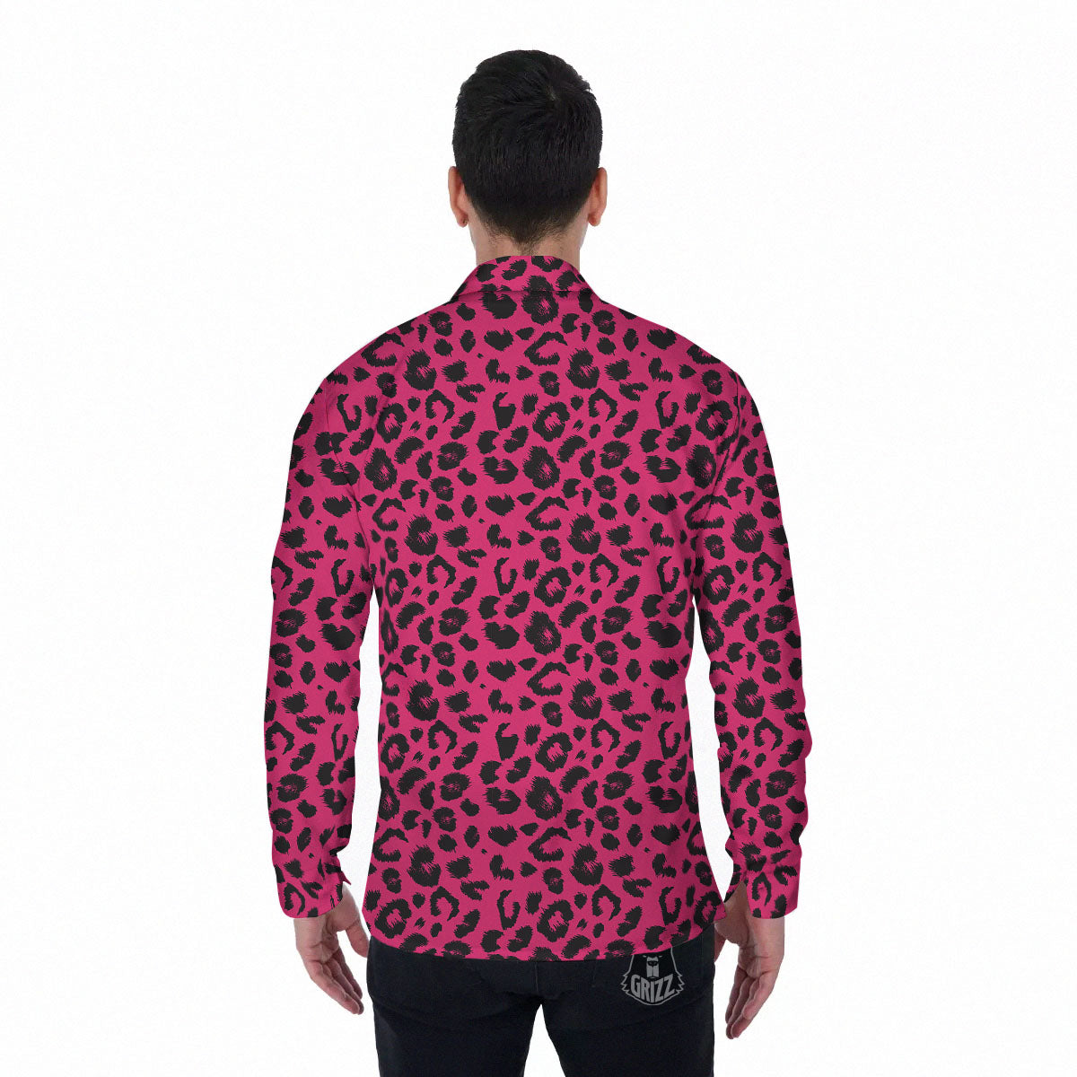 Leopard Hot Pink Print Men's Long Sleeve Shirts-grizzshop
