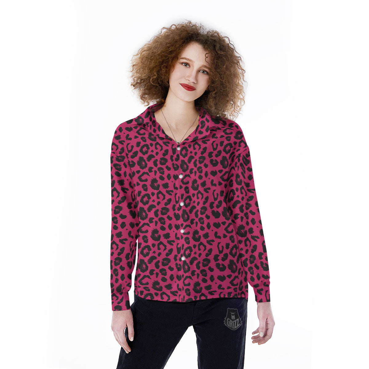 Leopard Hot Pink Print Women's Long Sleeve Shirts-grizzshop