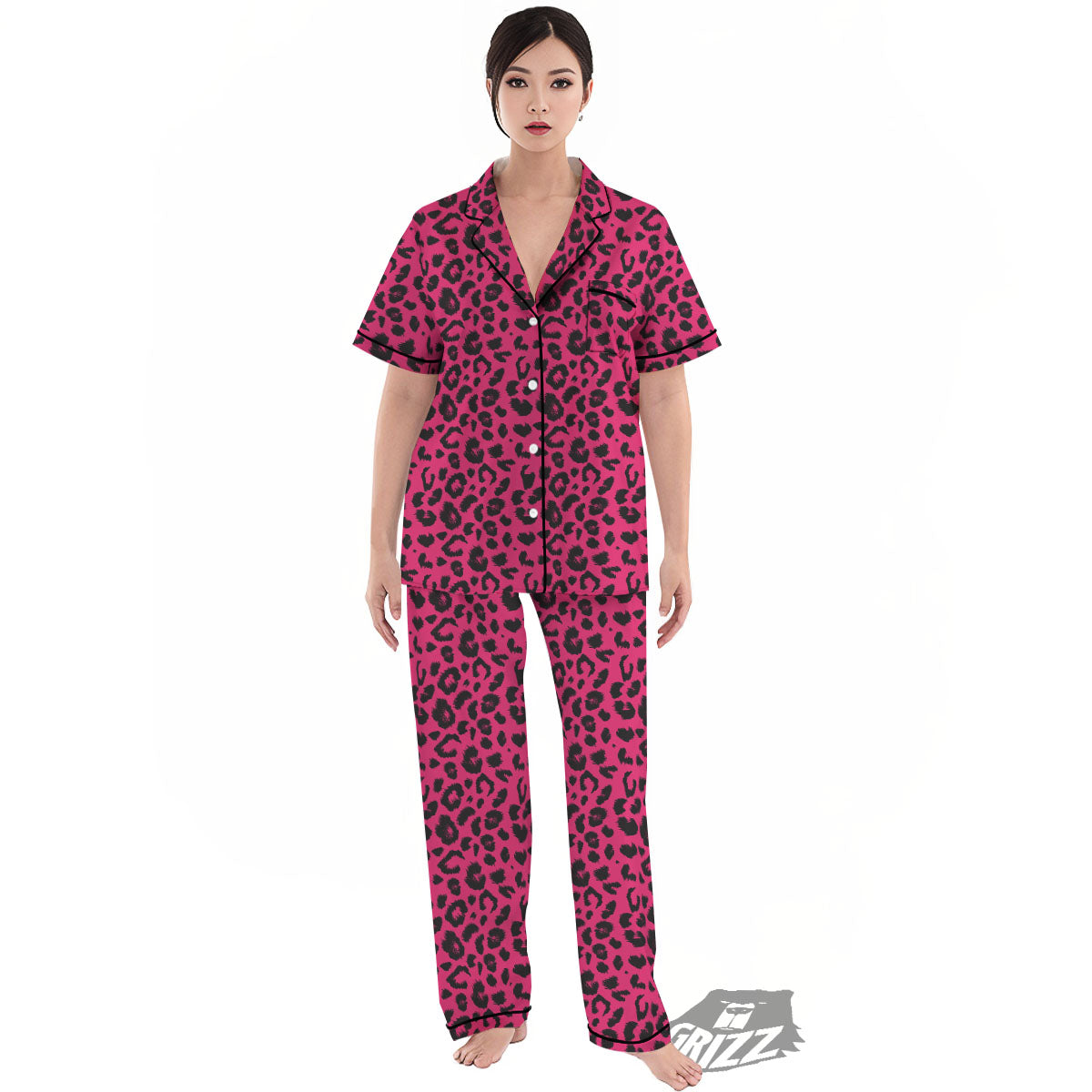 Leopard Hot Pink Print Women's Pajamas Set-grizzshop
