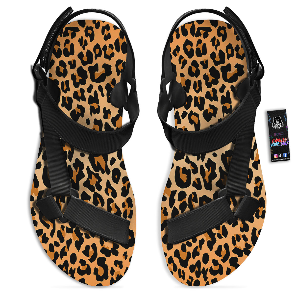 Leopard Orange Print Black Open Toe Sandals-grizzshop