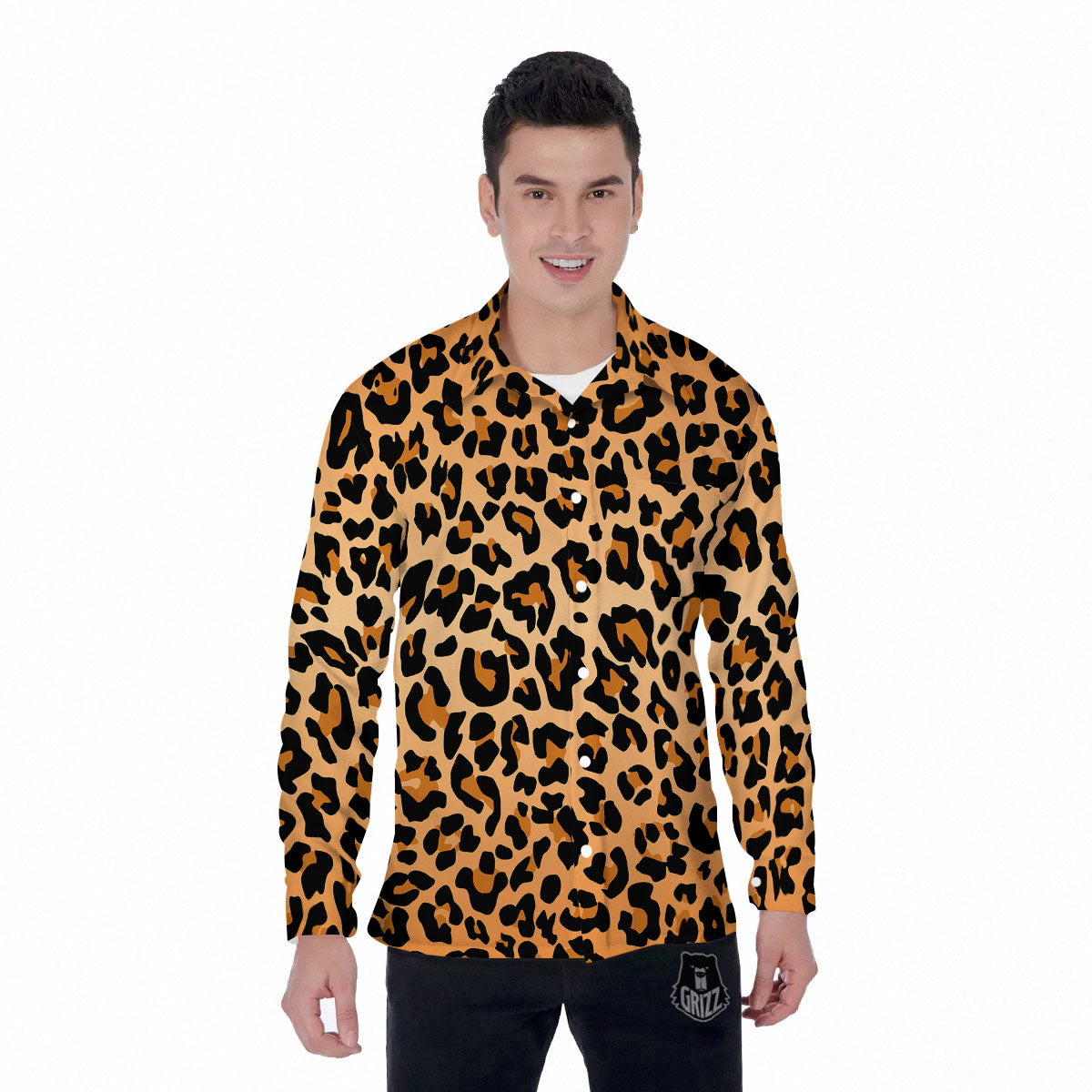 Leopard Orange Print Men's Long Sleeve Shirts-grizzshop