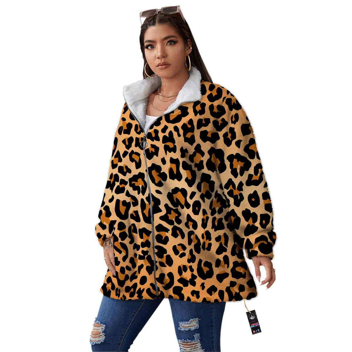 Leopard Orange Print Women's Sherpa Jacket-grizzshop