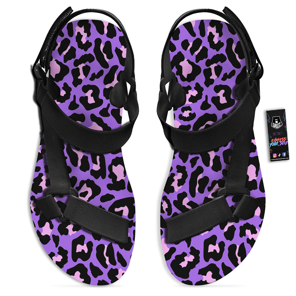Leopard Pink And Purple Print Black Open Toe Sandals-grizzshop