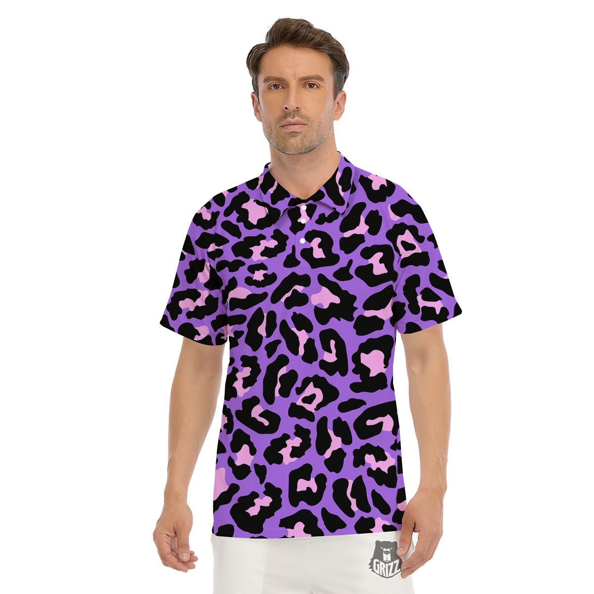 Leopard Pink And Purple Print Men's Golf Shirts-grizzshop