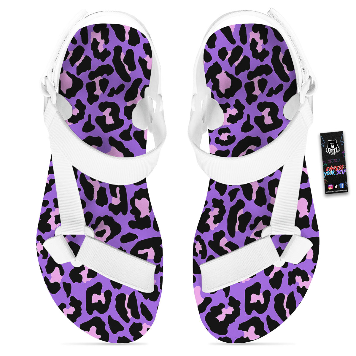Leopard Pink And Purple Print White Open Toe Sandals-grizzshop