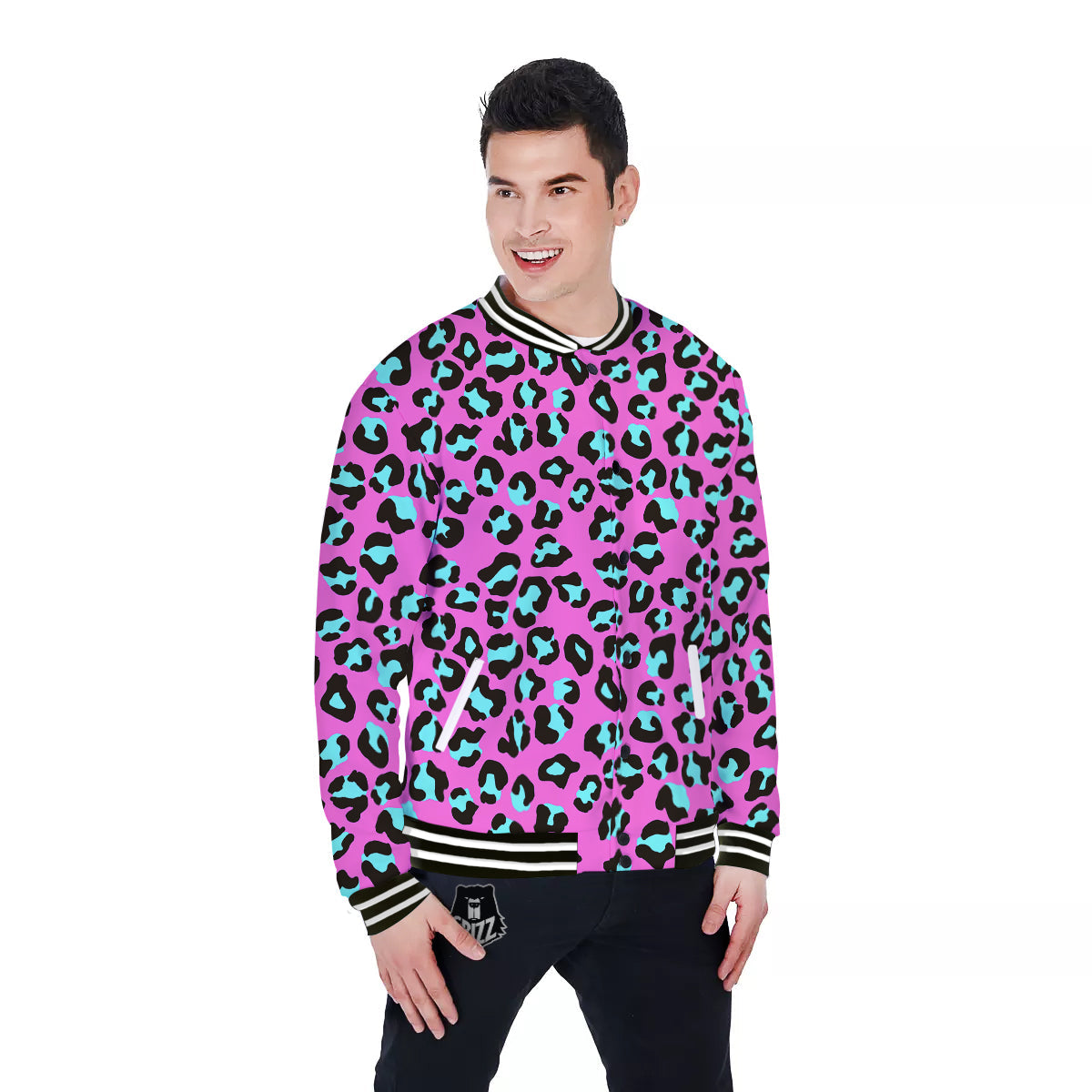 Leopard Pink And Turquoise Print Pattern Baseball Jacket-grizzshop