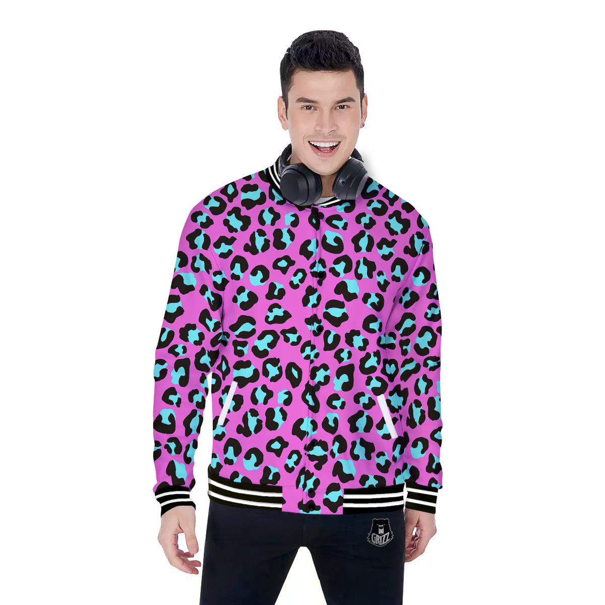 Leopard Pink And Turquoise Print Pattern Baseball Jacket-grizzshop