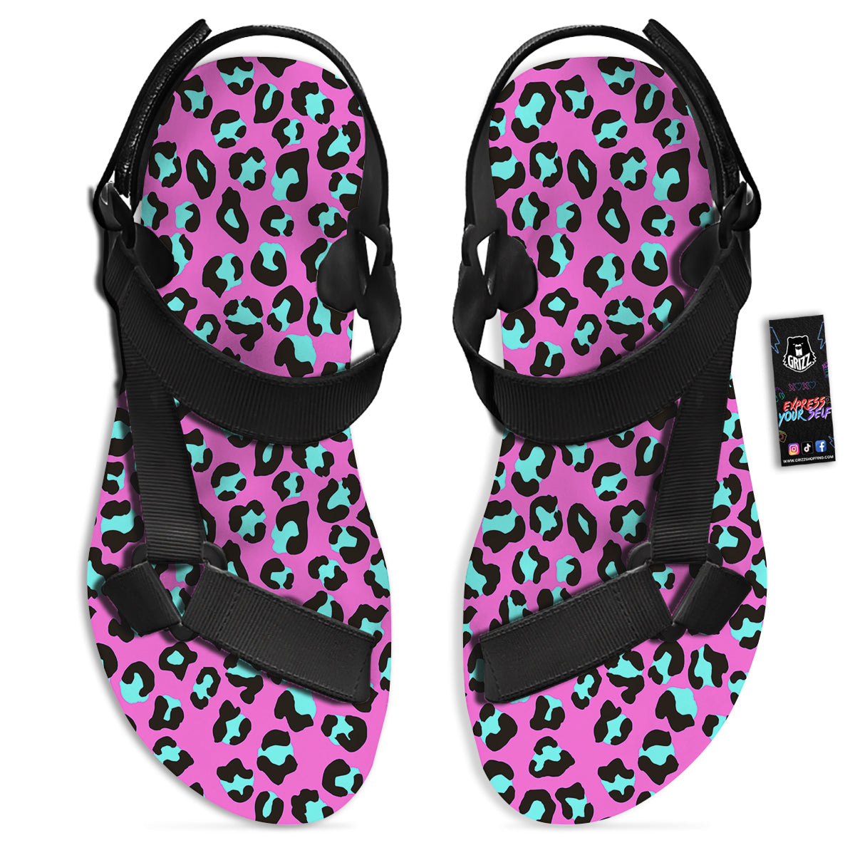 Leopard Pink And Turquoise Print Pattern Black Open Toe Sandals-grizzshop