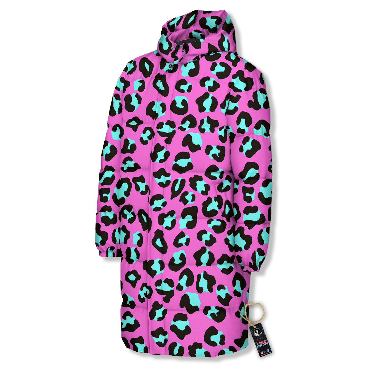 Leopard Pink And Turquoise Print Pattern Long Down Jacket-grizzshop