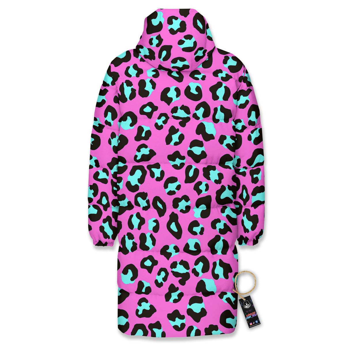 Leopard Pink And Turquoise Print Pattern Long Down Jacket-grizzshop
