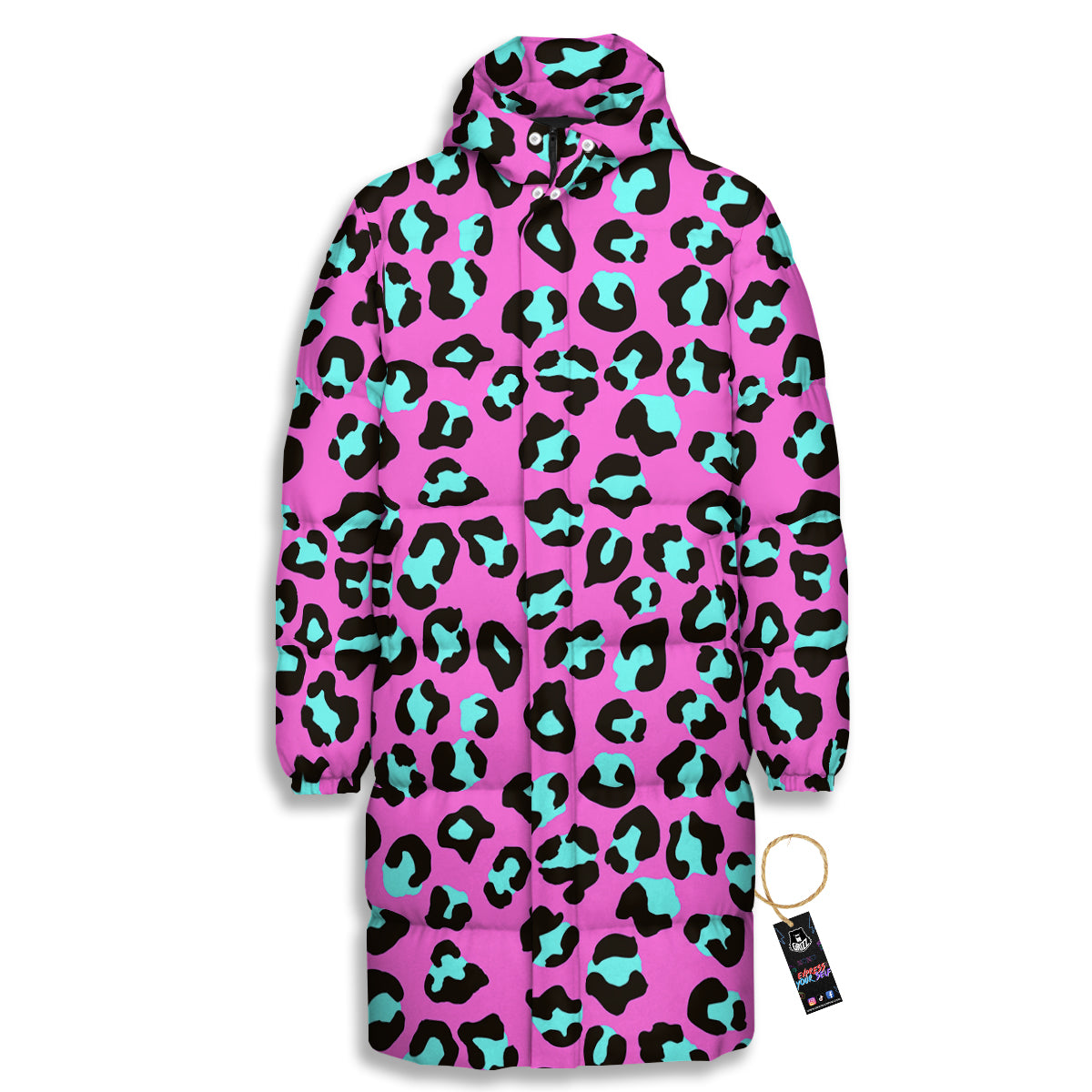 Leopard Pink And Turquoise Print Pattern Long Down Jacket-grizzshop