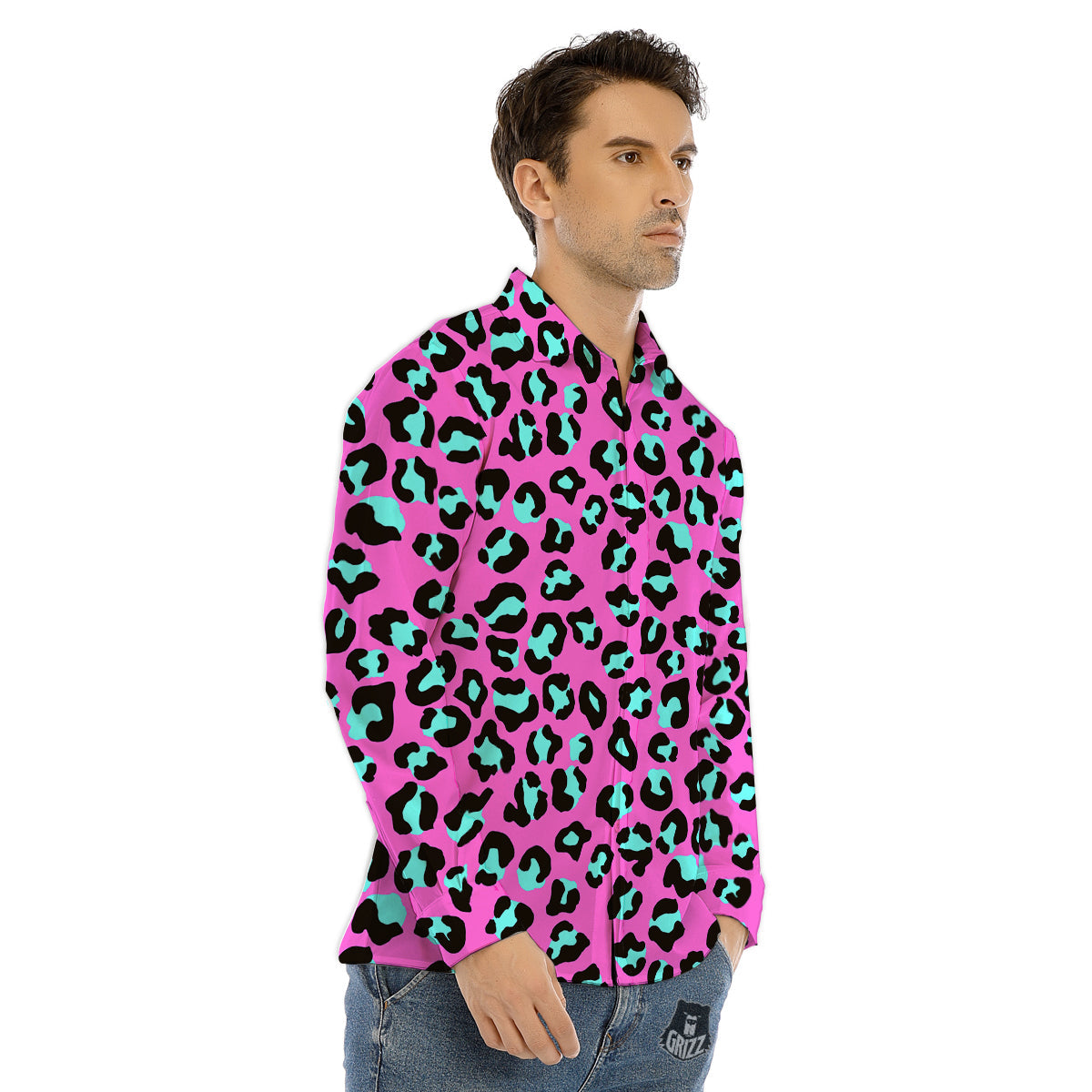 Leopard Pink And Turquoise Print Pattern Men's Dress Shirts-grizzshop