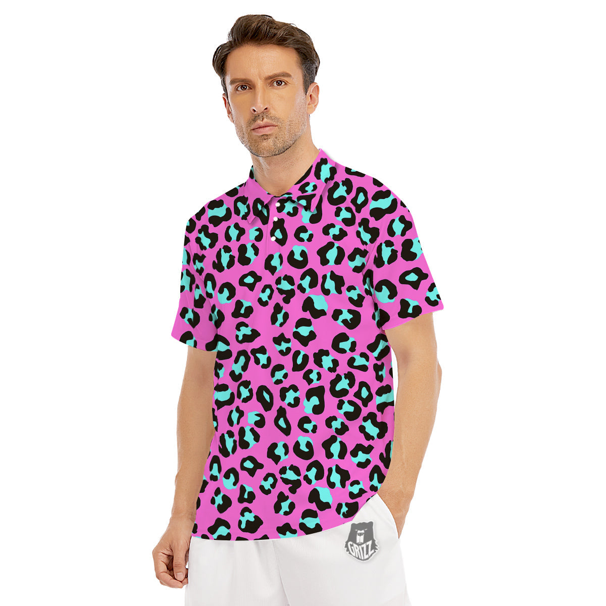 Leopard Pink And Turquoise Print Pattern Men's Golf Shirts-grizzshop