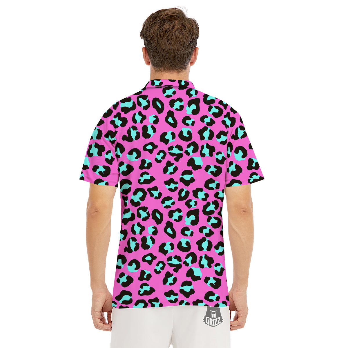 Leopard Pink And Turquoise Print Pattern Men's Golf Shirts-grizzshop