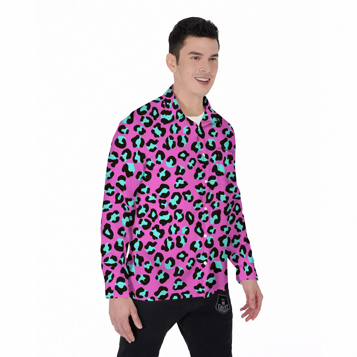 Leopard Pink And Turquoise Print Pattern Men's Long Sleeve Shirts-grizzshop