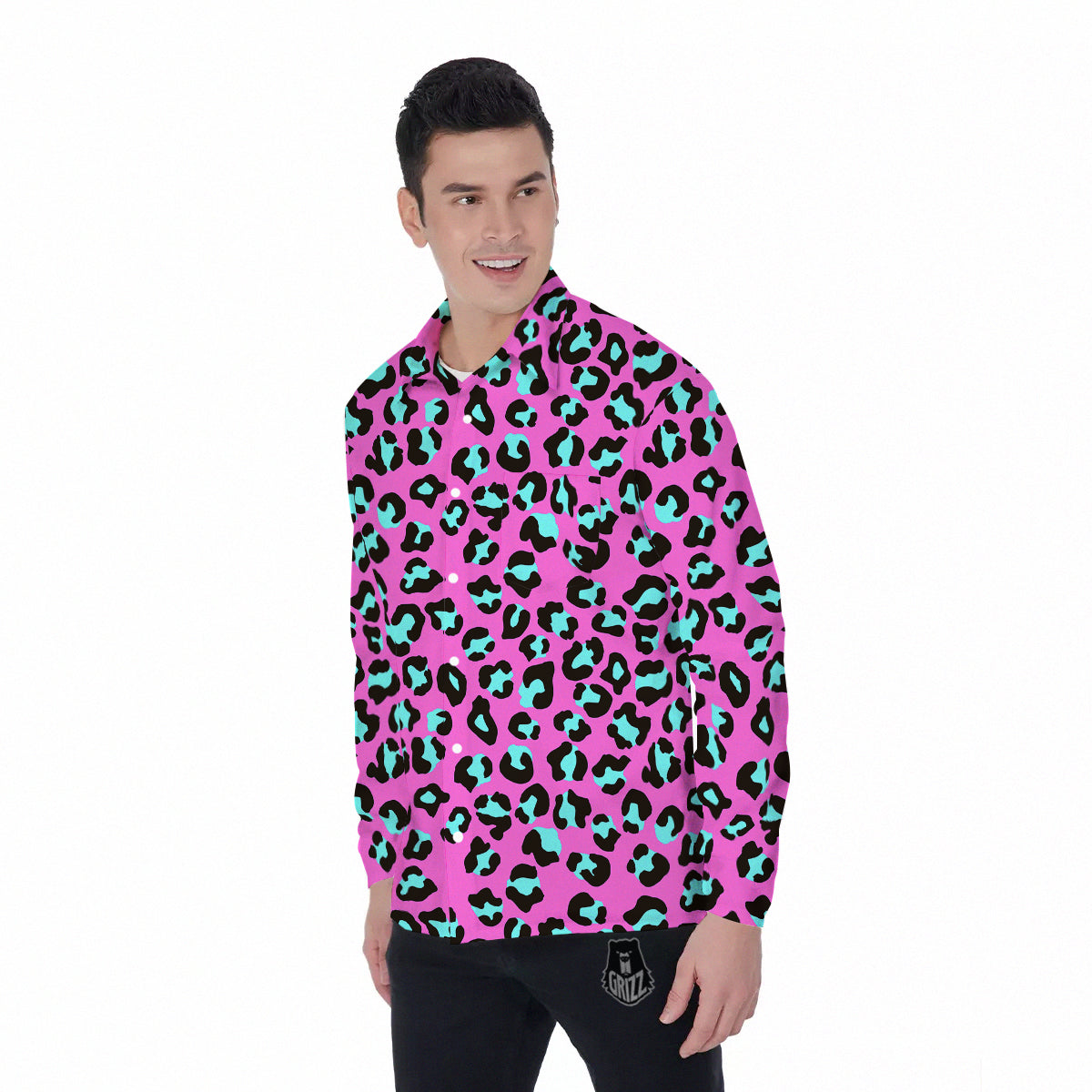 Leopard Pink And Turquoise Print Pattern Men's Long Sleeve Shirts-grizzshop
