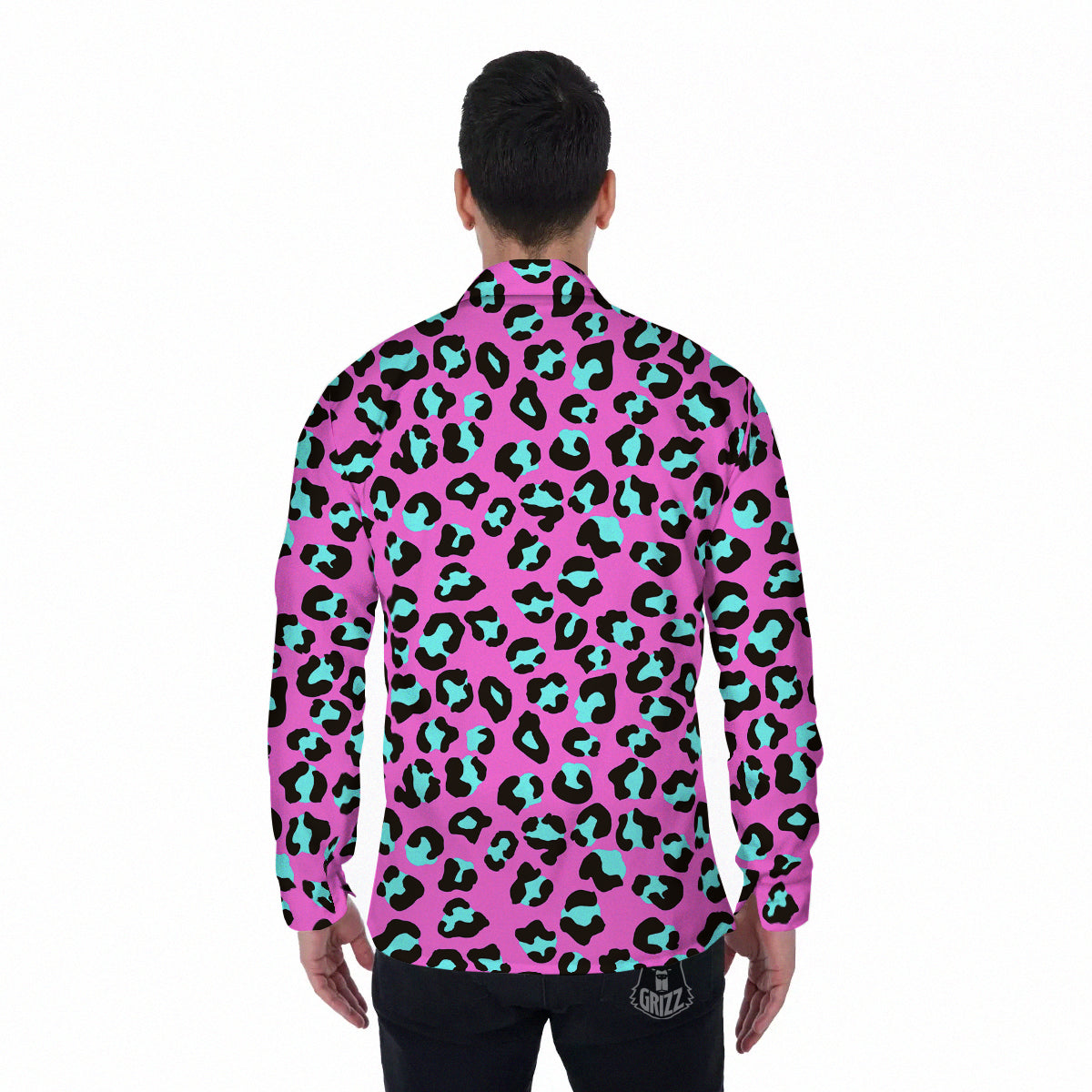 Leopard Pink And Turquoise Print Pattern Men's Long Sleeve Shirts-grizzshop