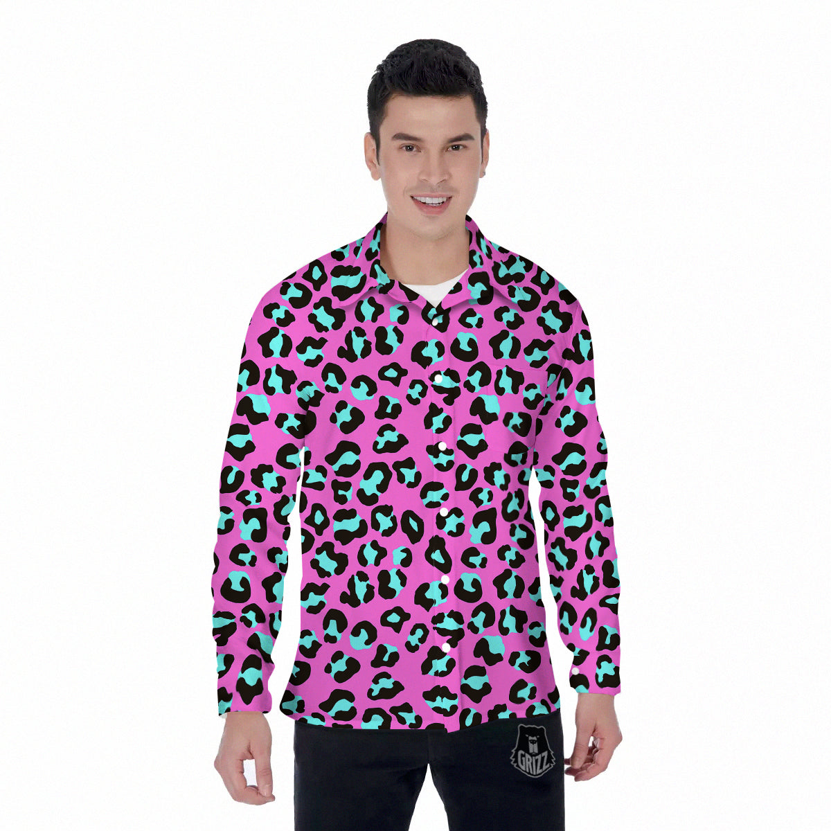 Leopard Pink And Turquoise Print Pattern Men's Long Sleeve Shirts-grizzshop