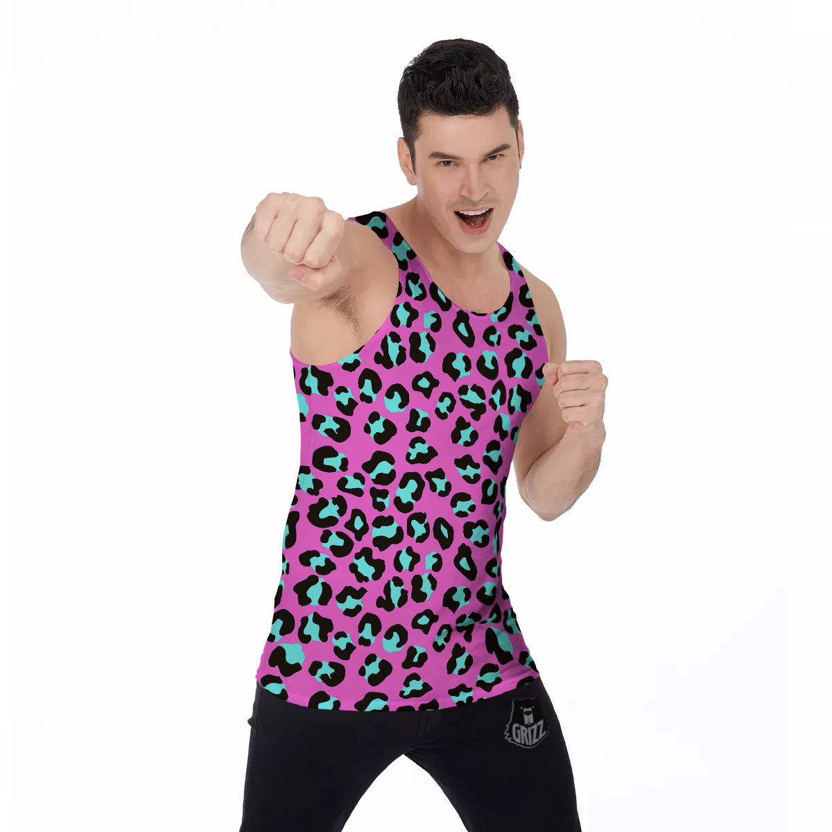 Leopard Pink And Turquoise Print Pattern Men's Tank Top-grizzshop