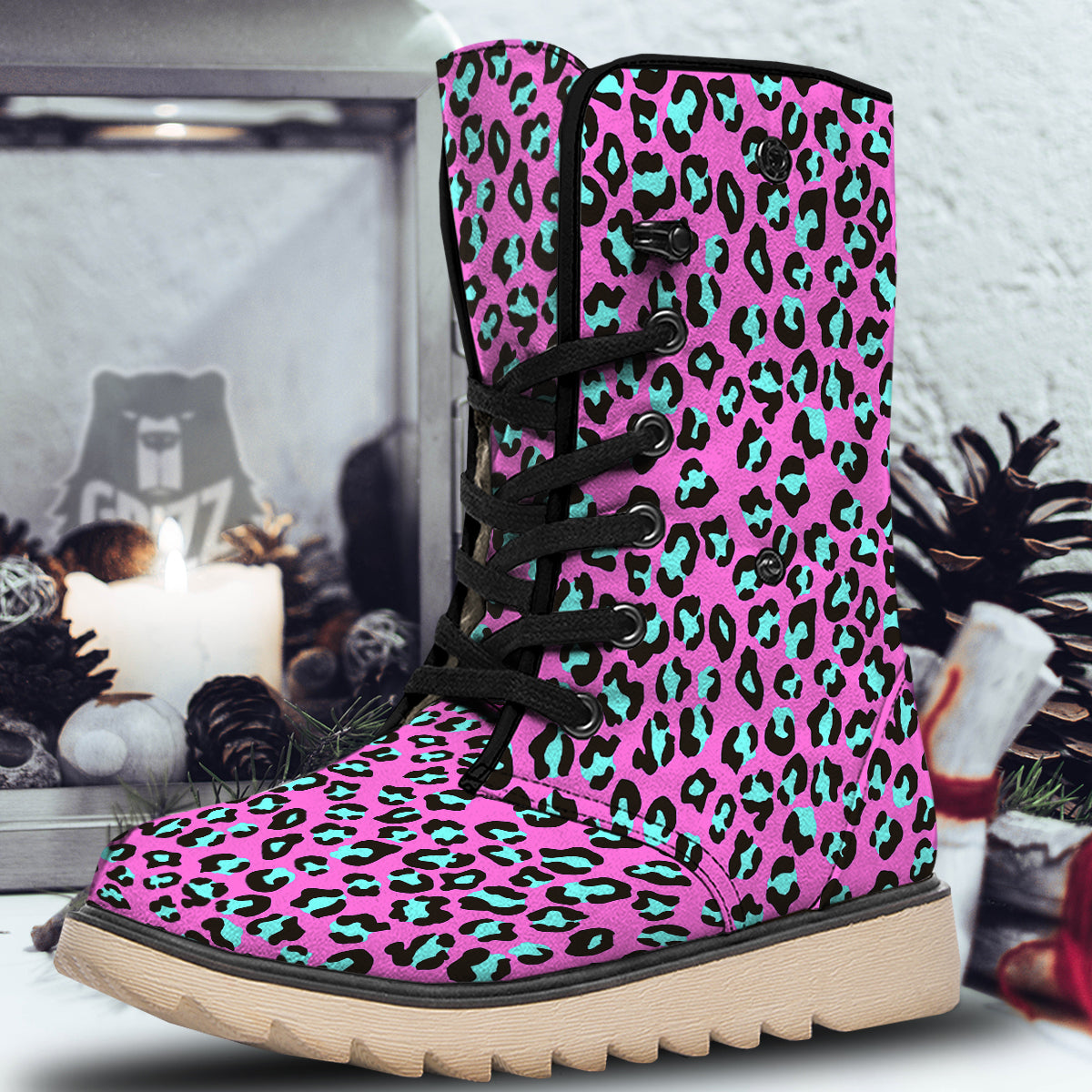 Leopard Pink And Turquoise Print Pattern Snow Boots-grizzshop