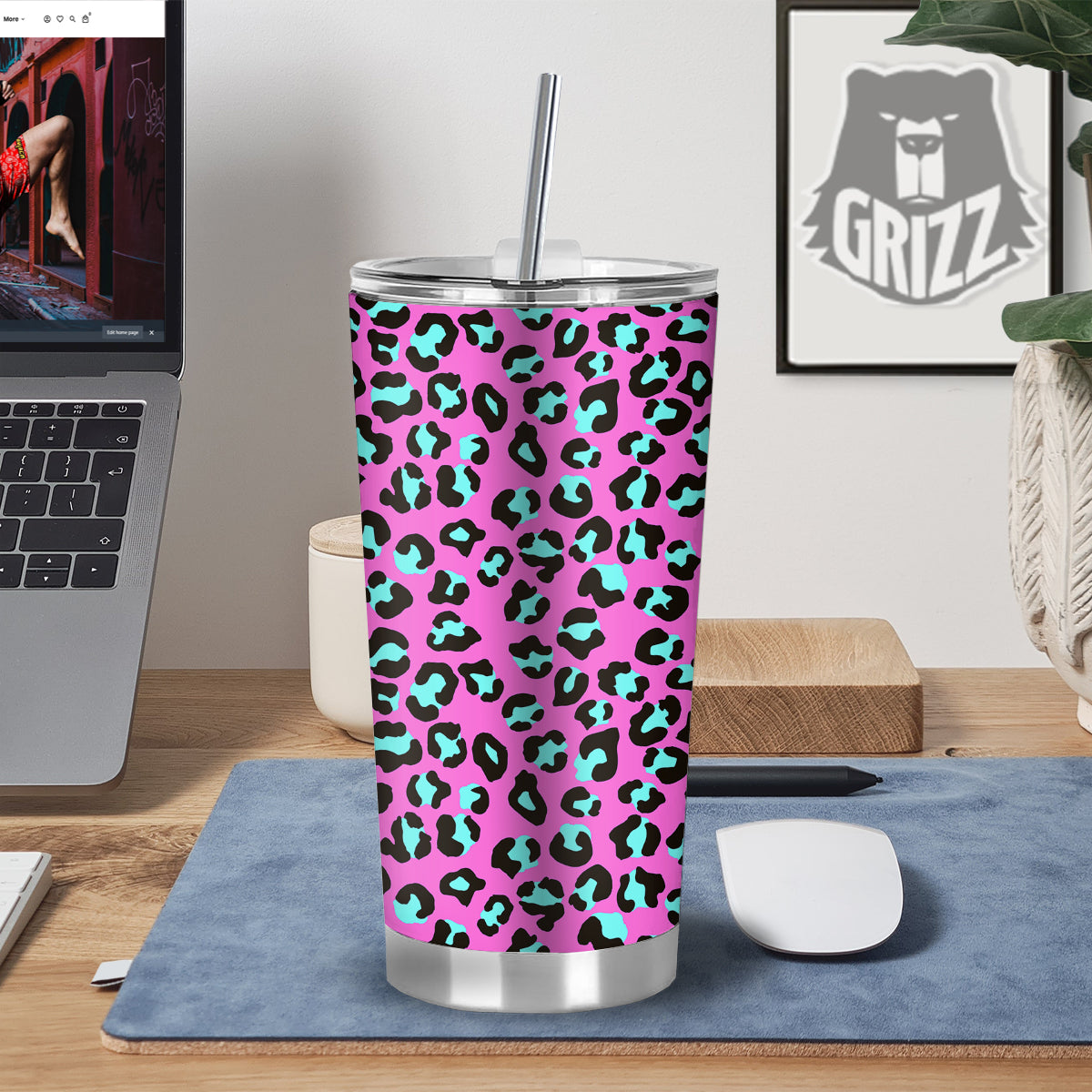 Leopard Pink And Turquoise Print Pattern Tumbler-grizzshop