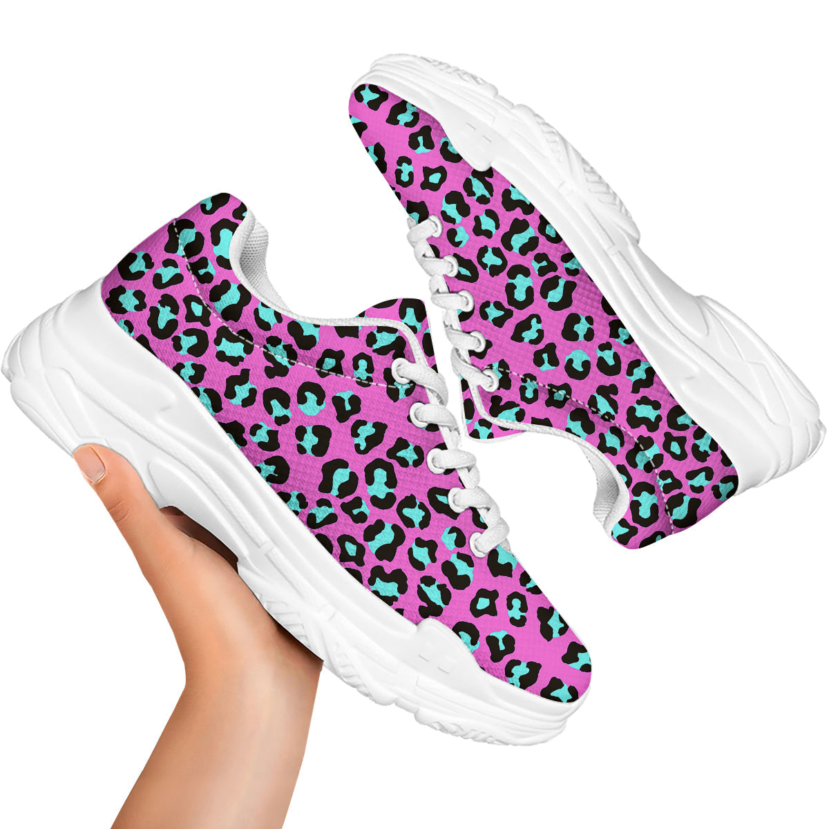 Leopard Pink And Turquoise Print Pattern White Chunky Shoes-grizzshop