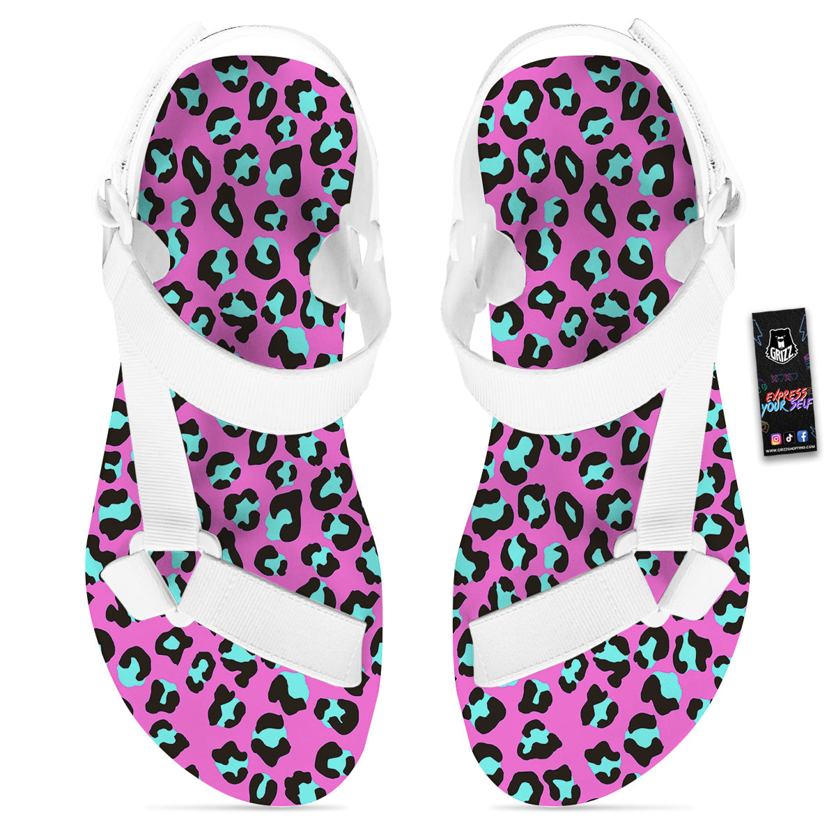 Leopard Pink And Turquoise Print Pattern White Open Toe Sandals-grizzshop