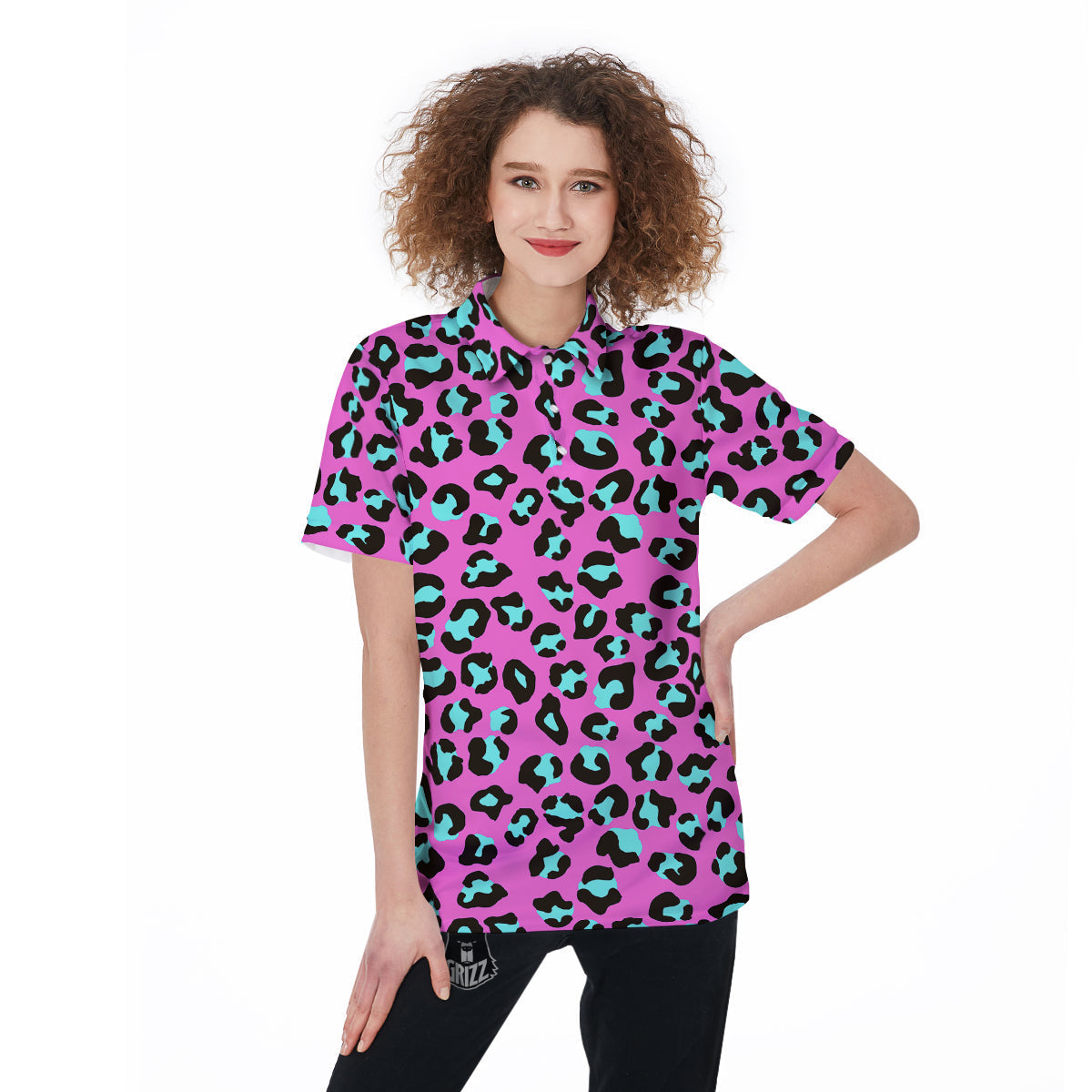 Leopard Pink And Turquoise Print Pattern Women's Golf Shirts-grizzshop