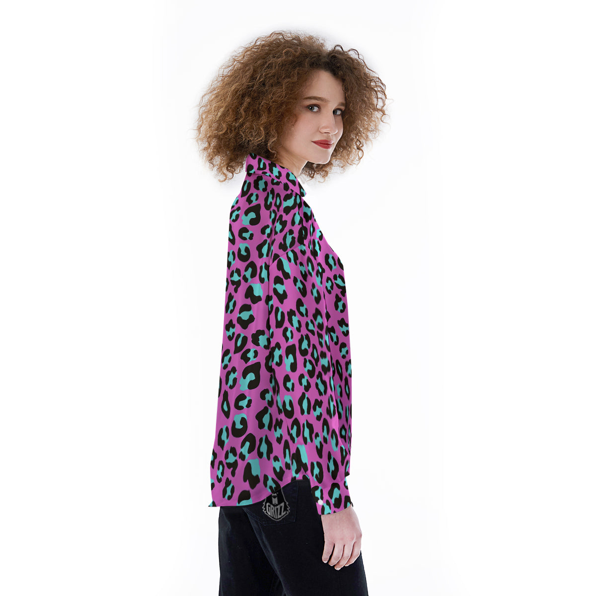 Leopard Pink And Turquoise Print Pattern Women's Long Sleeve Shirts-grizzshop