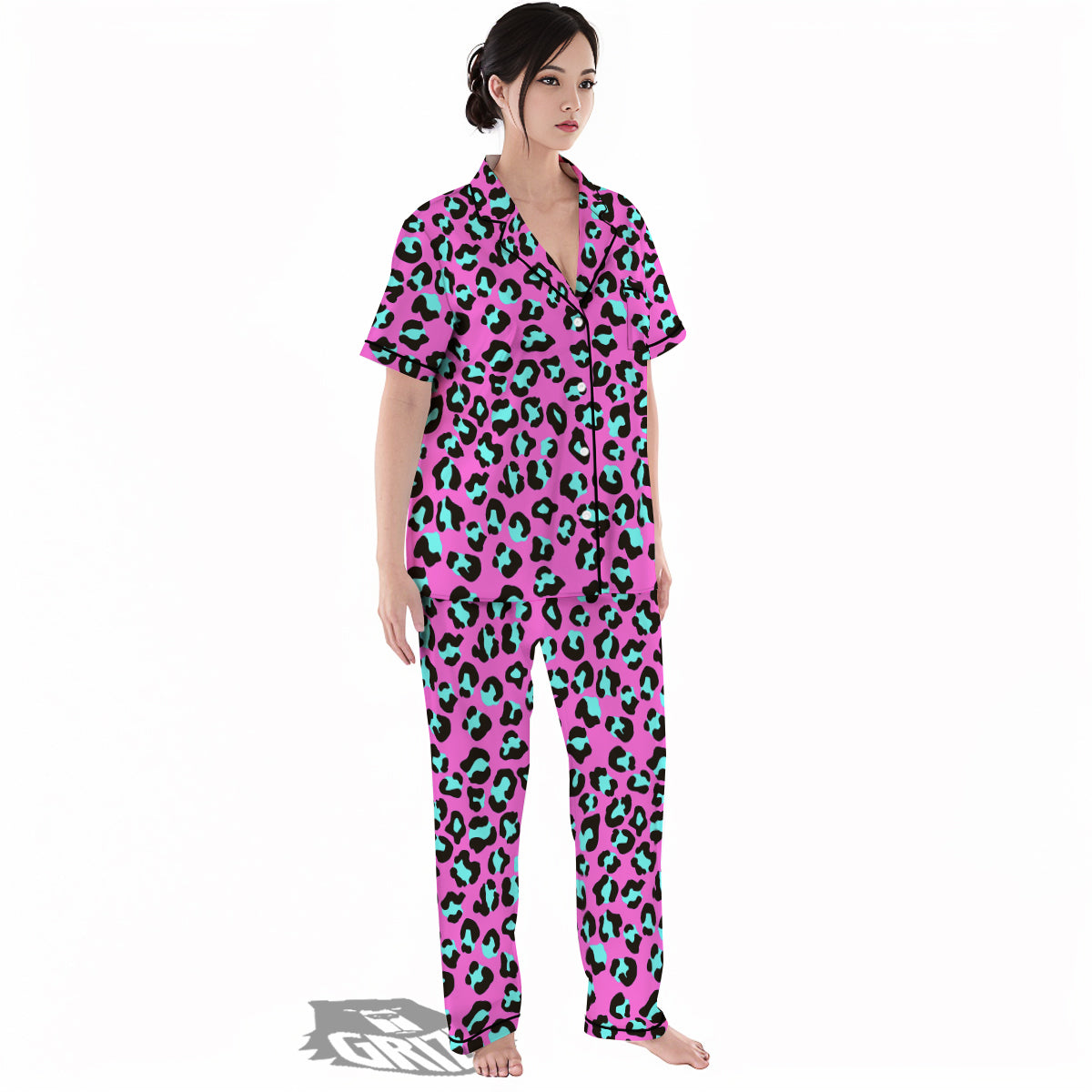 Leopard Pink And Turquoise Print Pattern Women's Pajamas Set-grizzshop