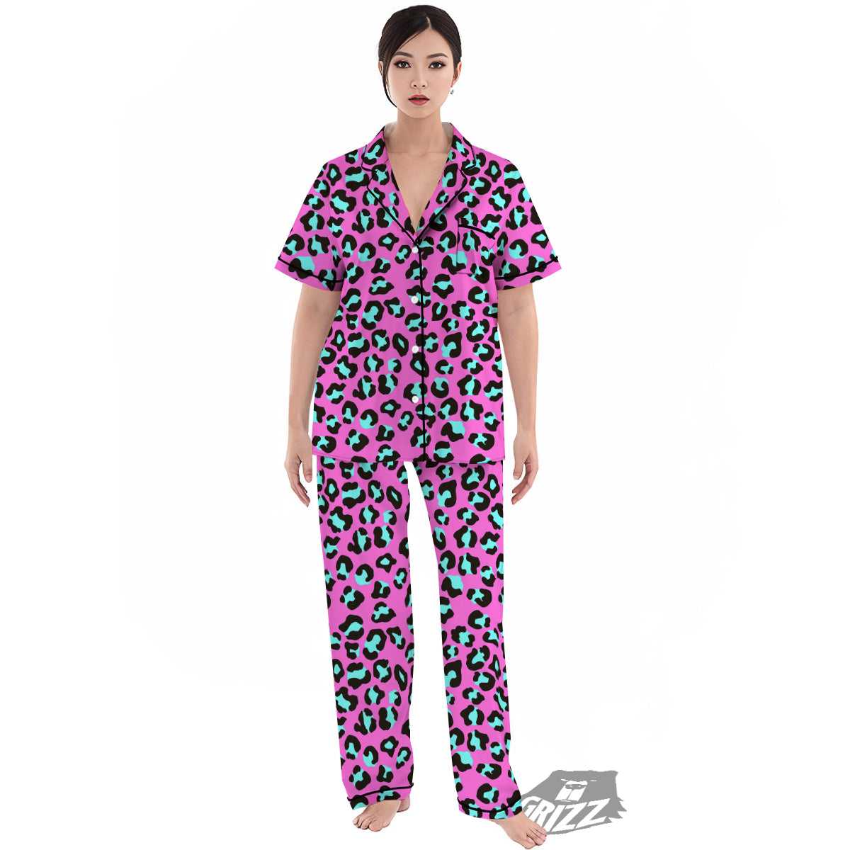 Leopard Pink And Turquoise Print Pattern Women's Pajamas Set-grizzshop
