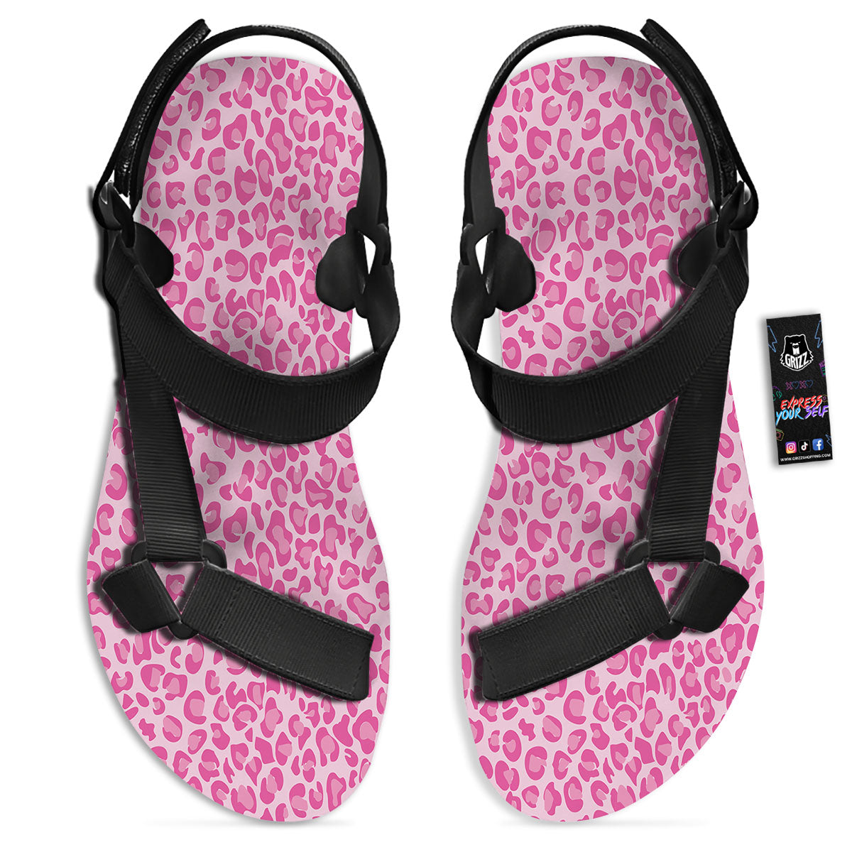 Leopard Pink Print Pattern Black Open Toe Sandals-grizzshop