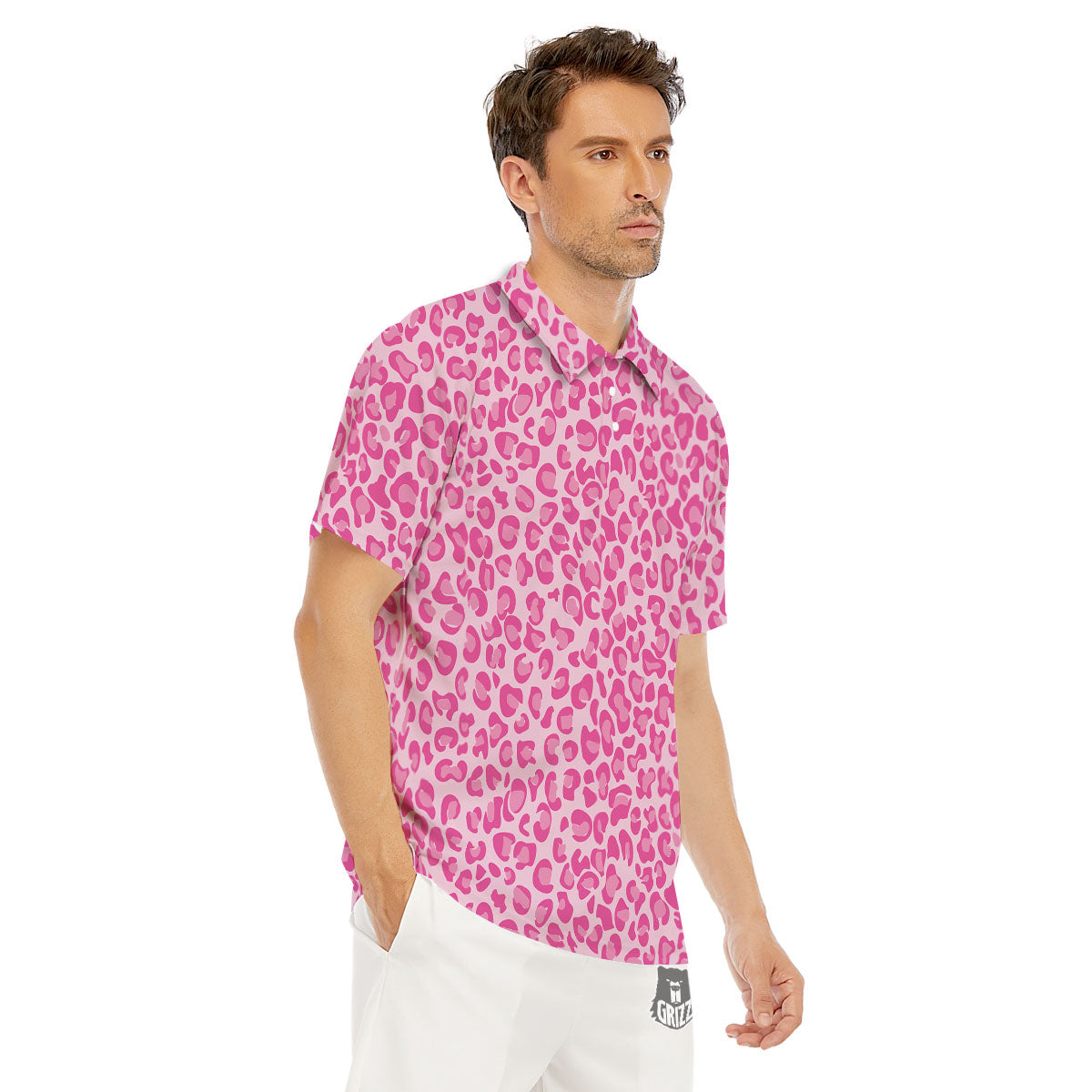 Leopard Pink Print Pattern Men's Golf Shirts-grizzshop