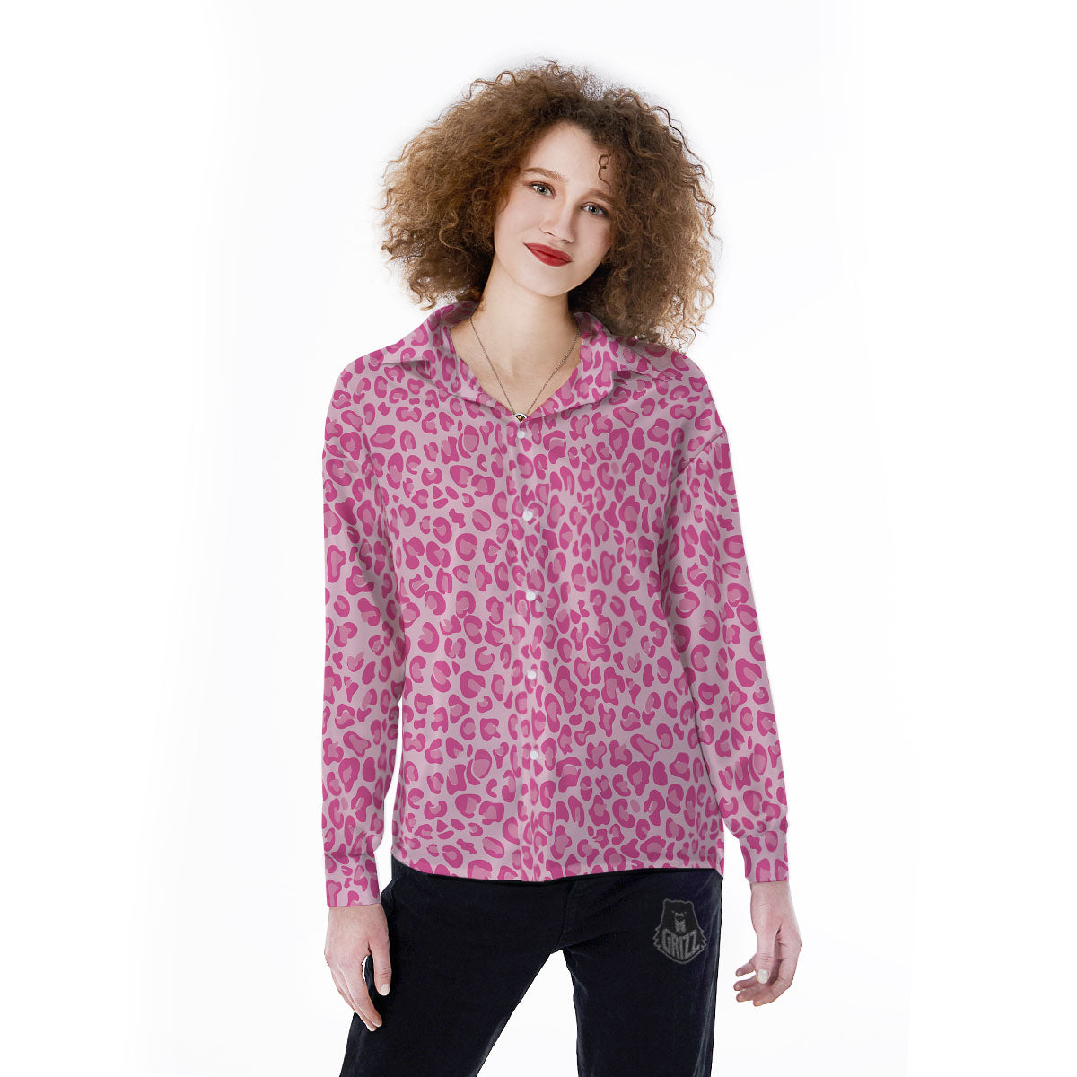 Leopard Pink Print Pattern Women's Long Sleeve Shirts-grizzshop
