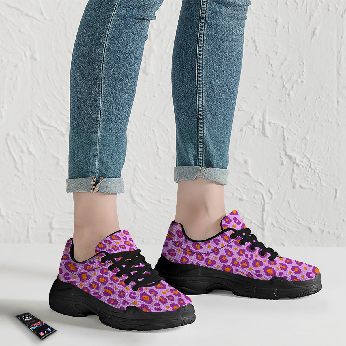 Leopard Purple And Orange Print Black Chunky Shoes-grizzshop