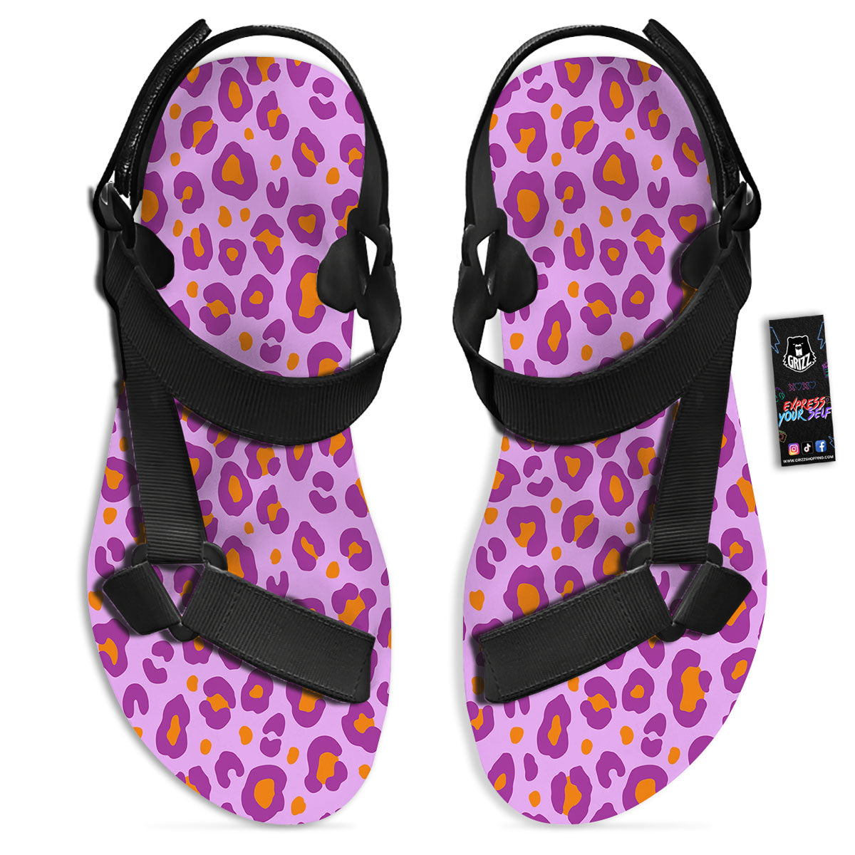 Leopard Purple And Orange Print Black Open Toe Sandals-grizzshop