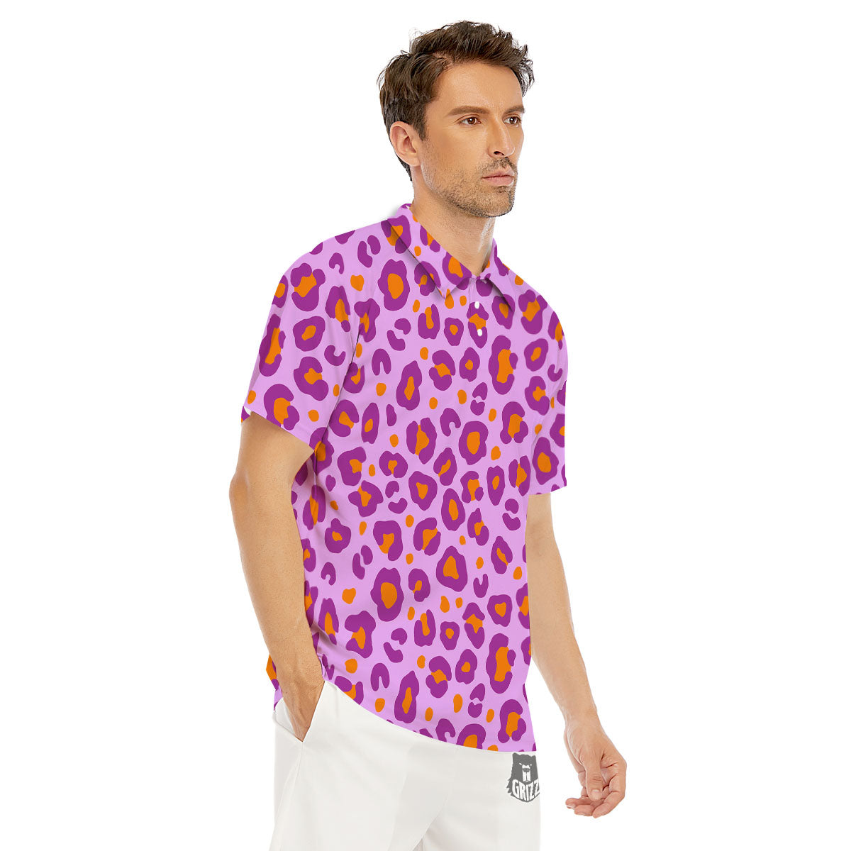 Leopard Purple And Orange Print Men's Golf Shirts-grizzshop