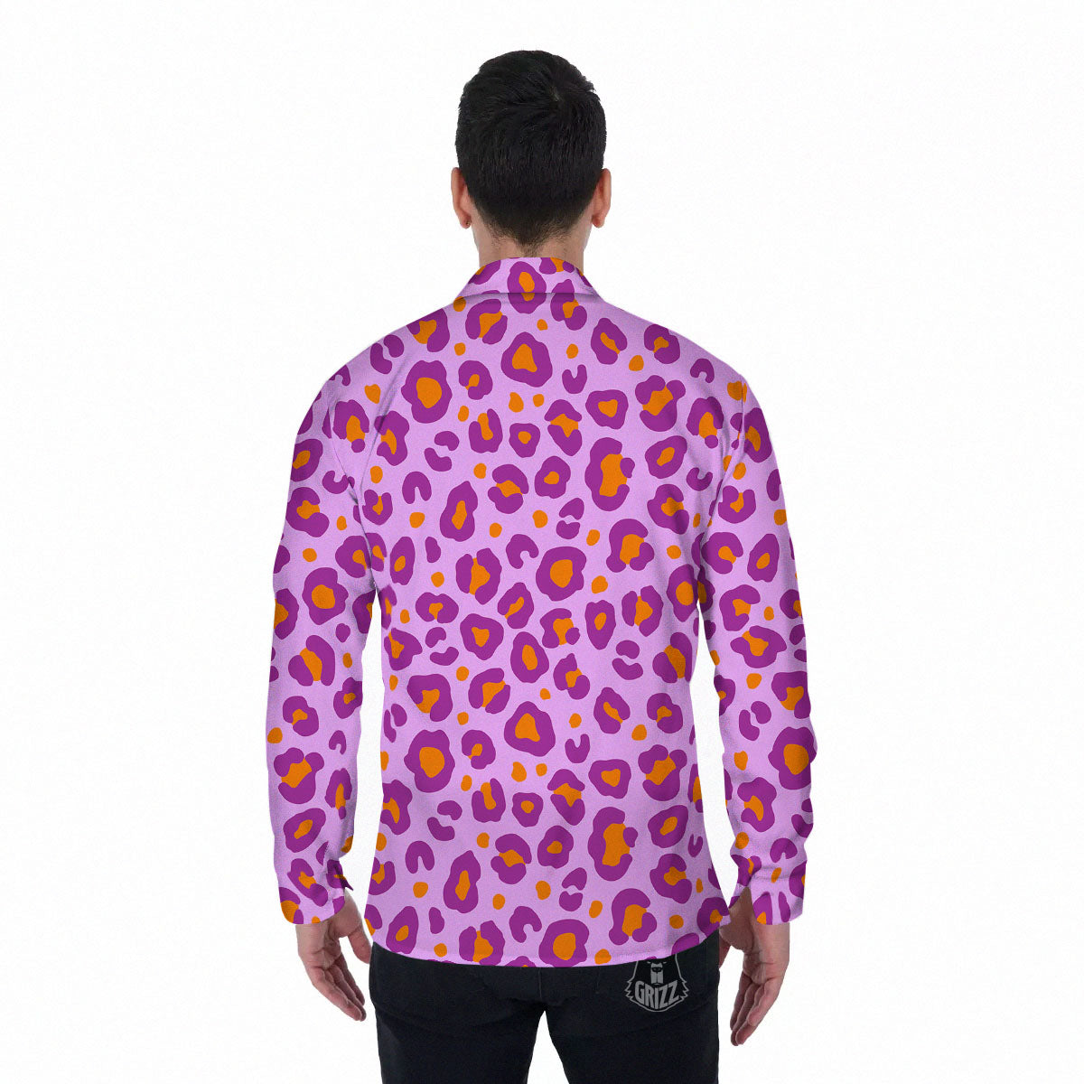 Leopard Purple And Orange Print Men's Long Sleeve Shirts-grizzshop