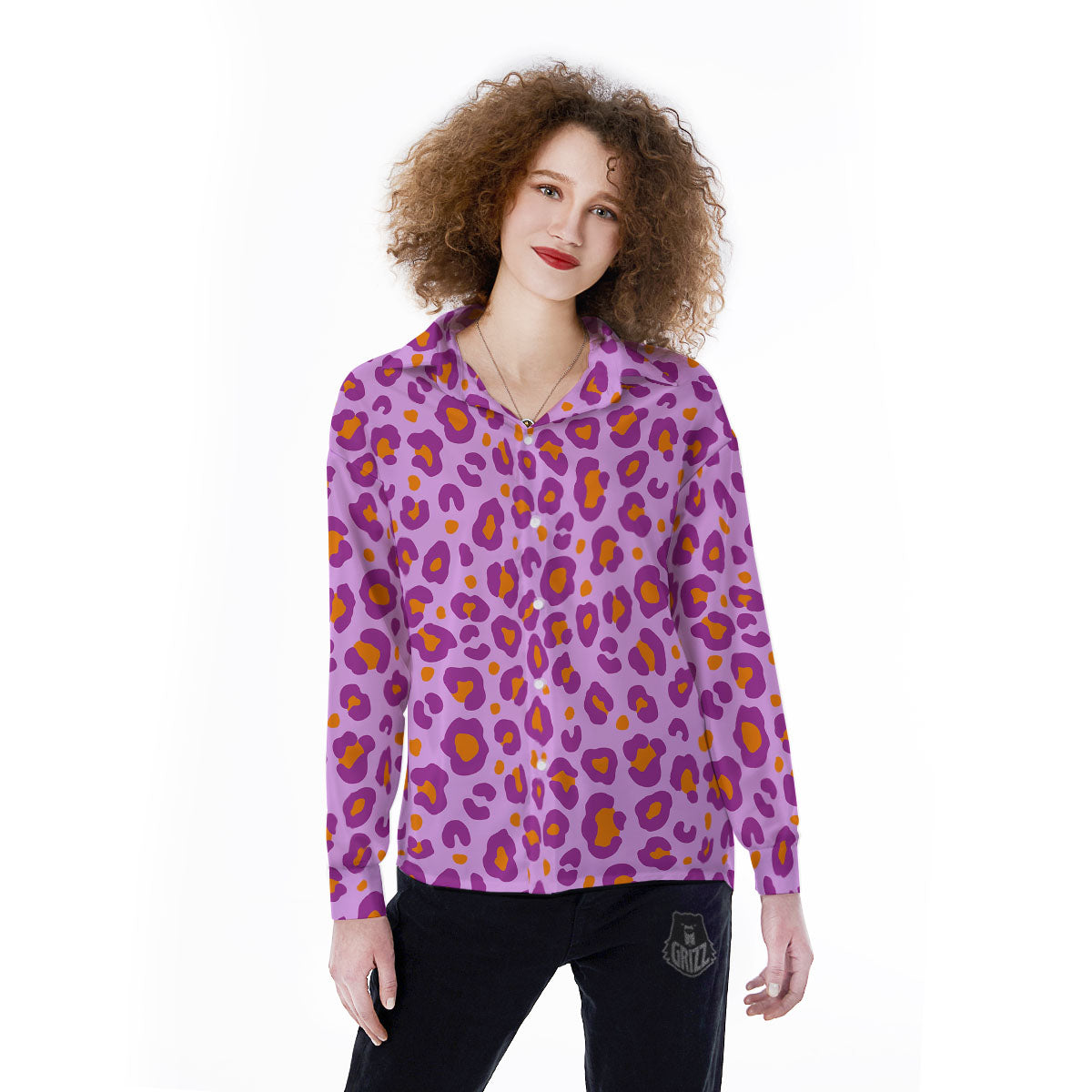 Leopard Purple And Orange Print Women's Long Sleeve Shirts-grizzshop