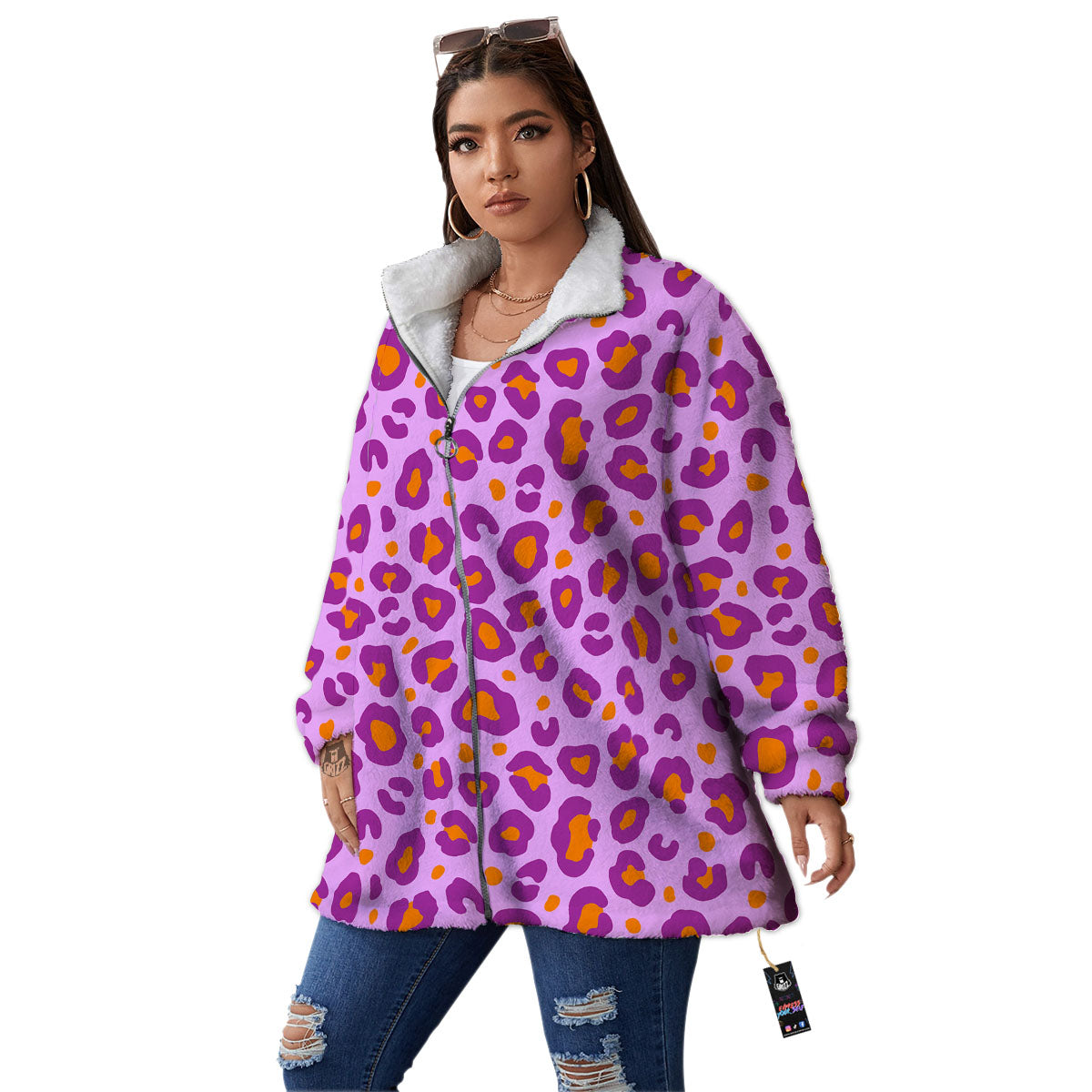 Leopard Purple And Orange Print Women's Sherpa Jacket-grizzshop