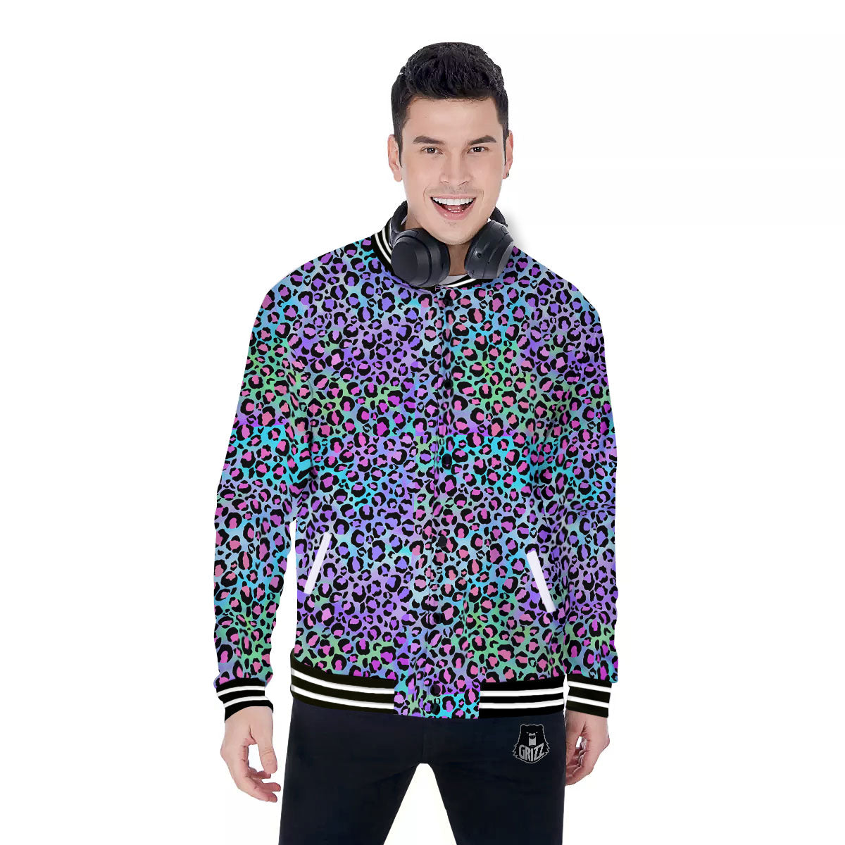 Leopard Rainbow And Purple Print Pattern Baseball Jacket-grizzshop