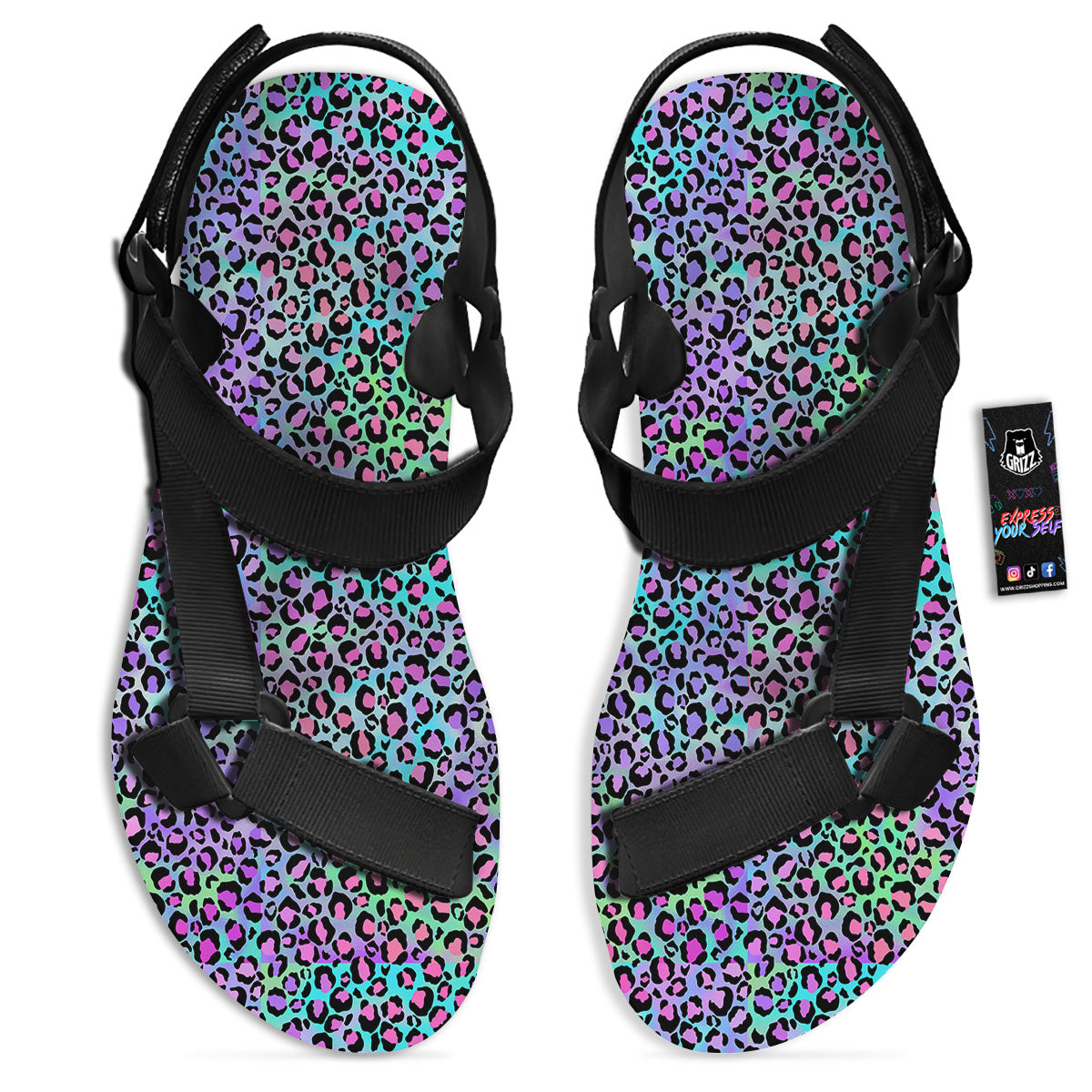 Leopard Rainbow And Purple Print Pattern Black Open Toe Sandals-grizzshop