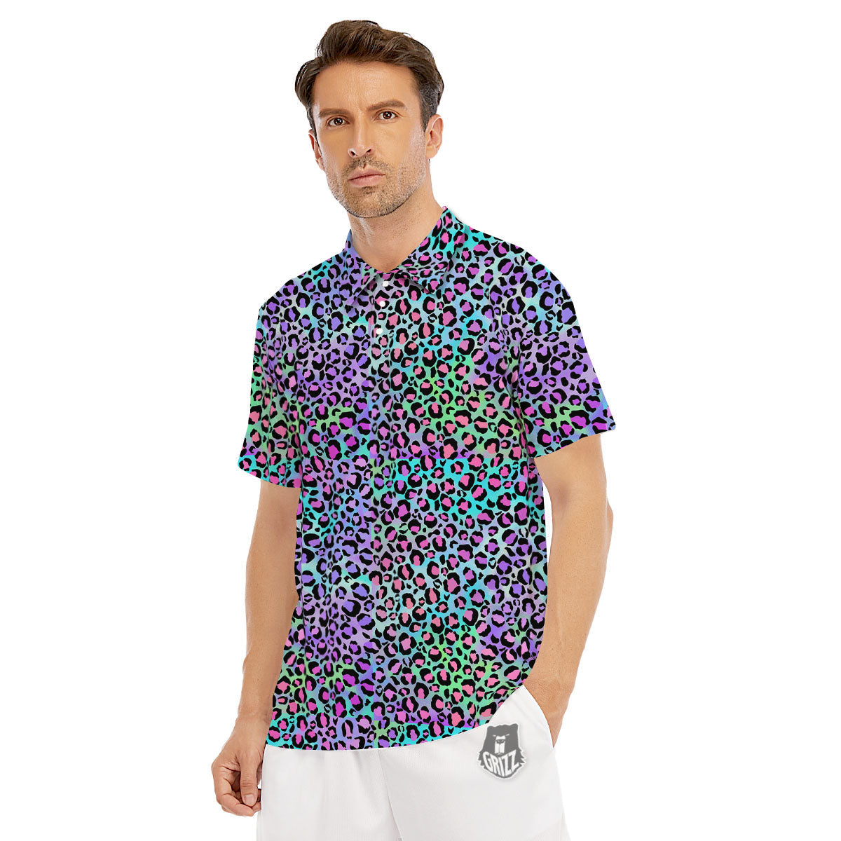 Leopard Rainbow And Purple Print Pattern Men's Golf Shirts-grizzshop