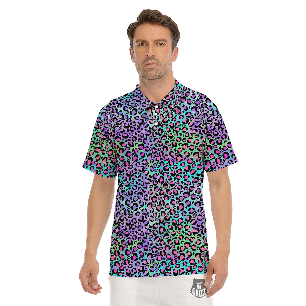 Leopard Rainbow And Purple Print Pattern Men's Golf Shirts-grizzshop