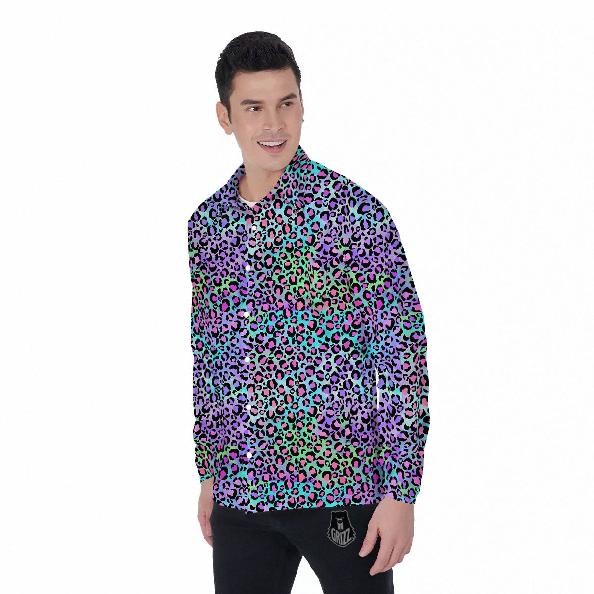 Leopard Rainbow And Purple Print Pattern Men's Long Sleeve Shirts-grizzshop