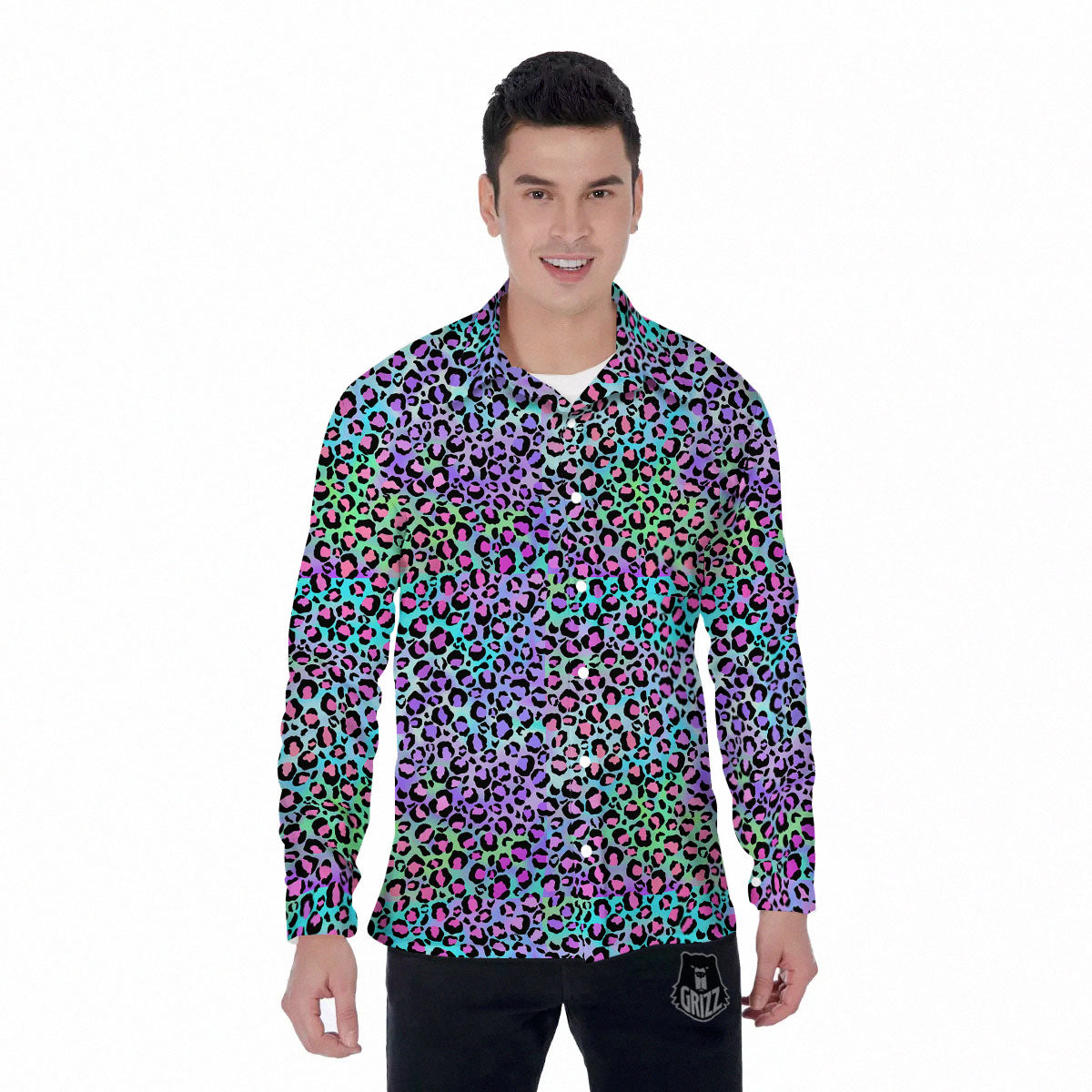Leopard Rainbow And Purple Print Pattern Men's Long Sleeve Shirts-grizzshop