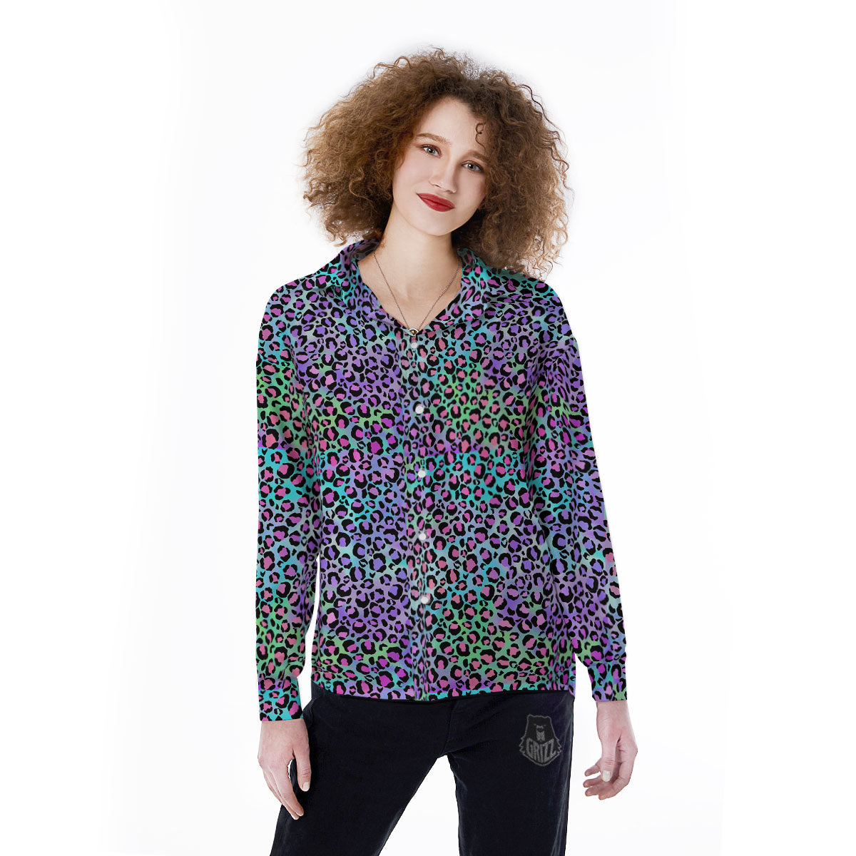 Leopard Rainbow And Purple Print Pattern Women's Long Sleeve Shirts-grizzshop