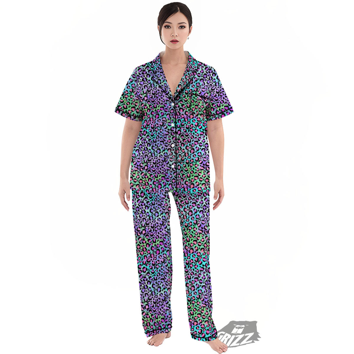 Leopard Rainbow And Purple Print Pattern Women's Pajamas Set-grizzshop