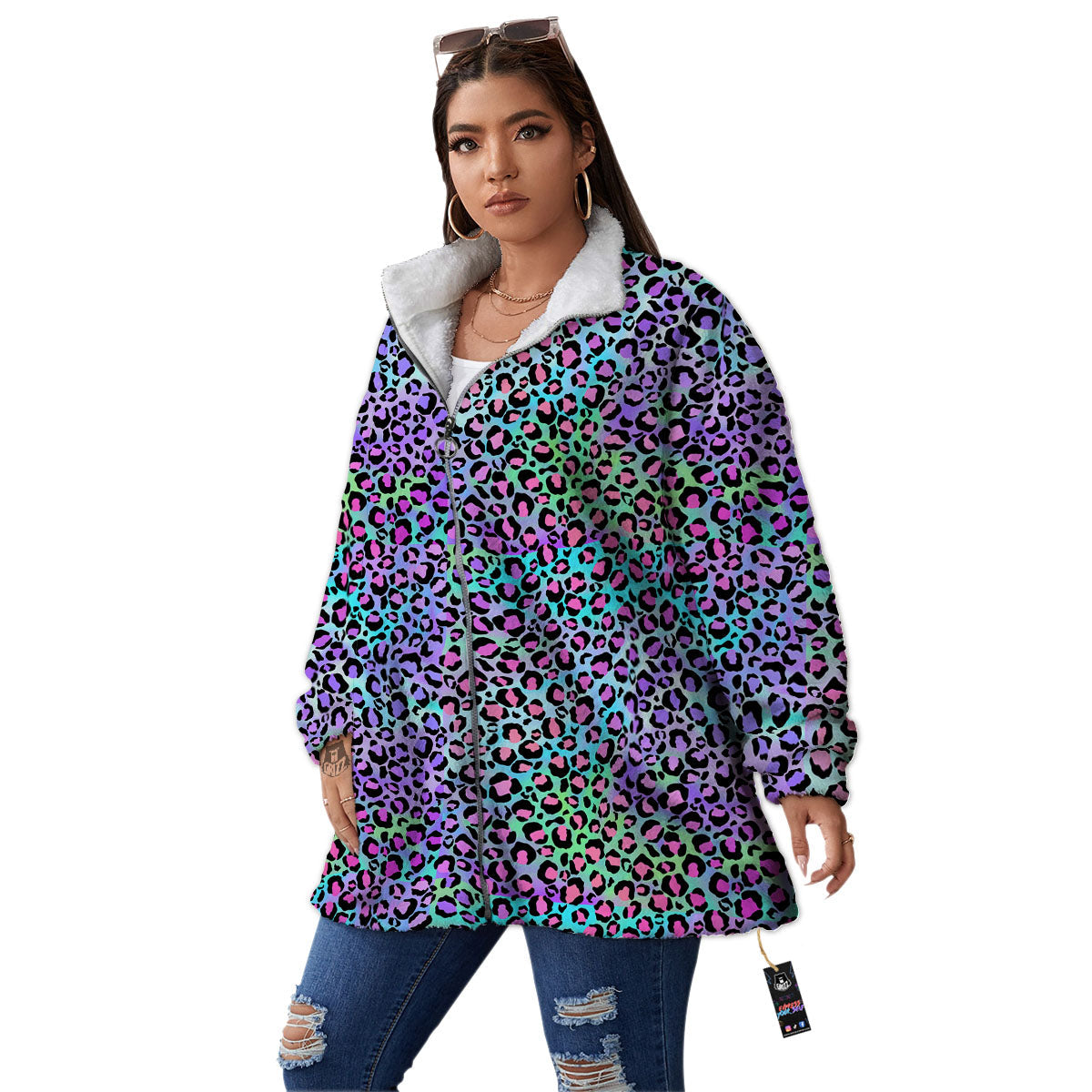 Leopard Rainbow And Purple Print Pattern Women's Sherpa Jacket-grizzshop
